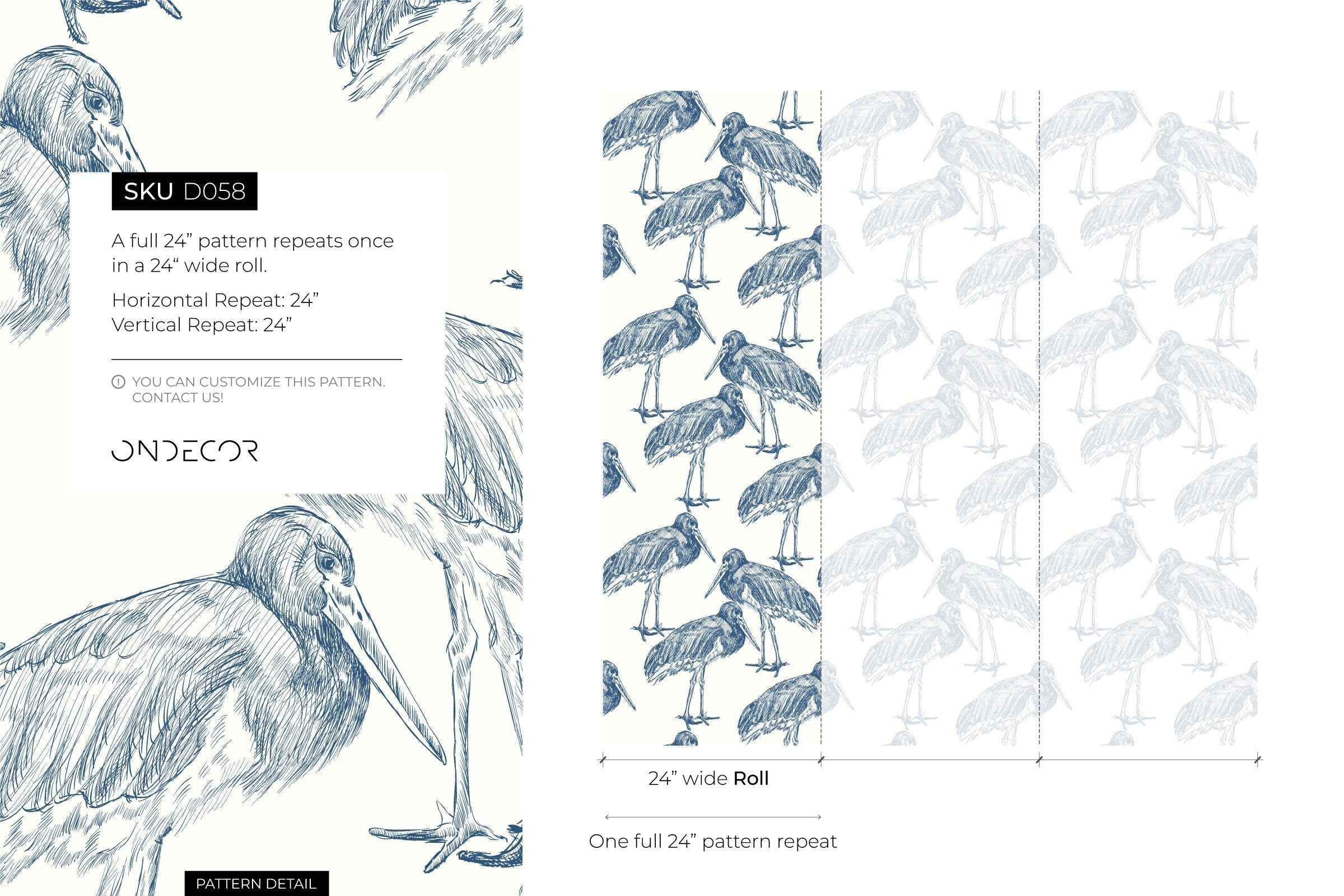 Bird Wallpaper With A Sketch Style Crane Motif In Blue - D058