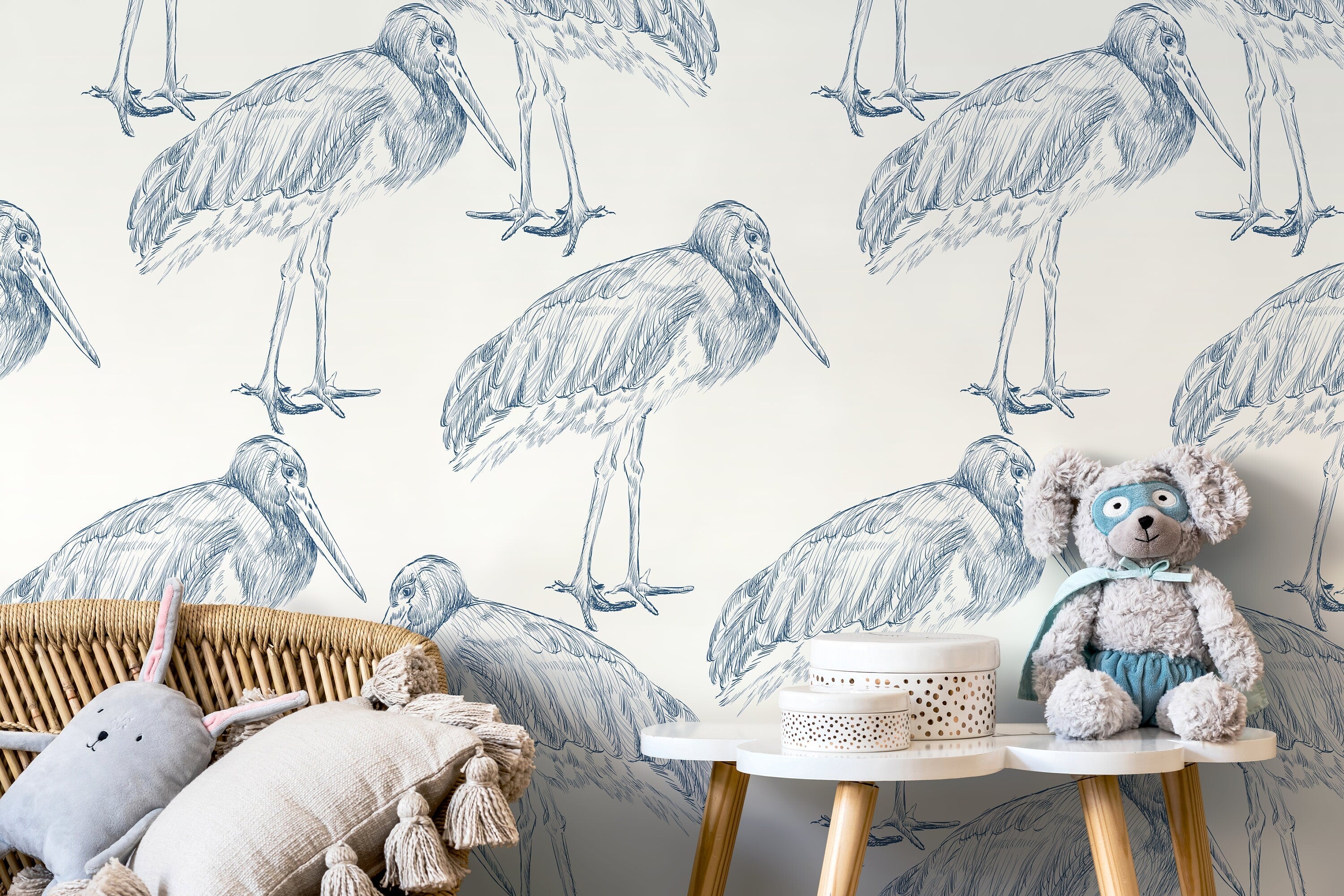 Bird Wallpaper With A Sketch Style Crane Motif In Blue - D058