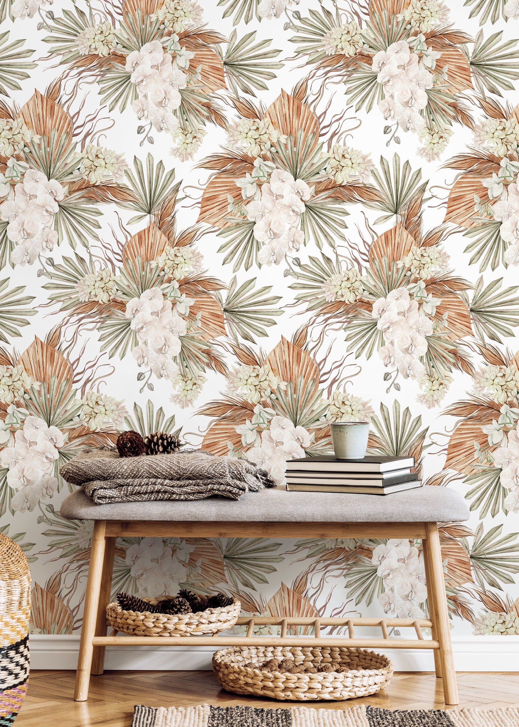 Boho Floral Wallpaper With Orchids And Dried Palms In Brown, Green, And Cream - D056