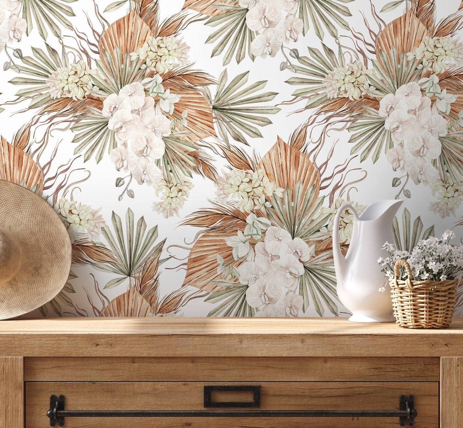 Boho Floral Wallpaper With Orchids And Dried Palms In Brown, Green, And Cream - D056