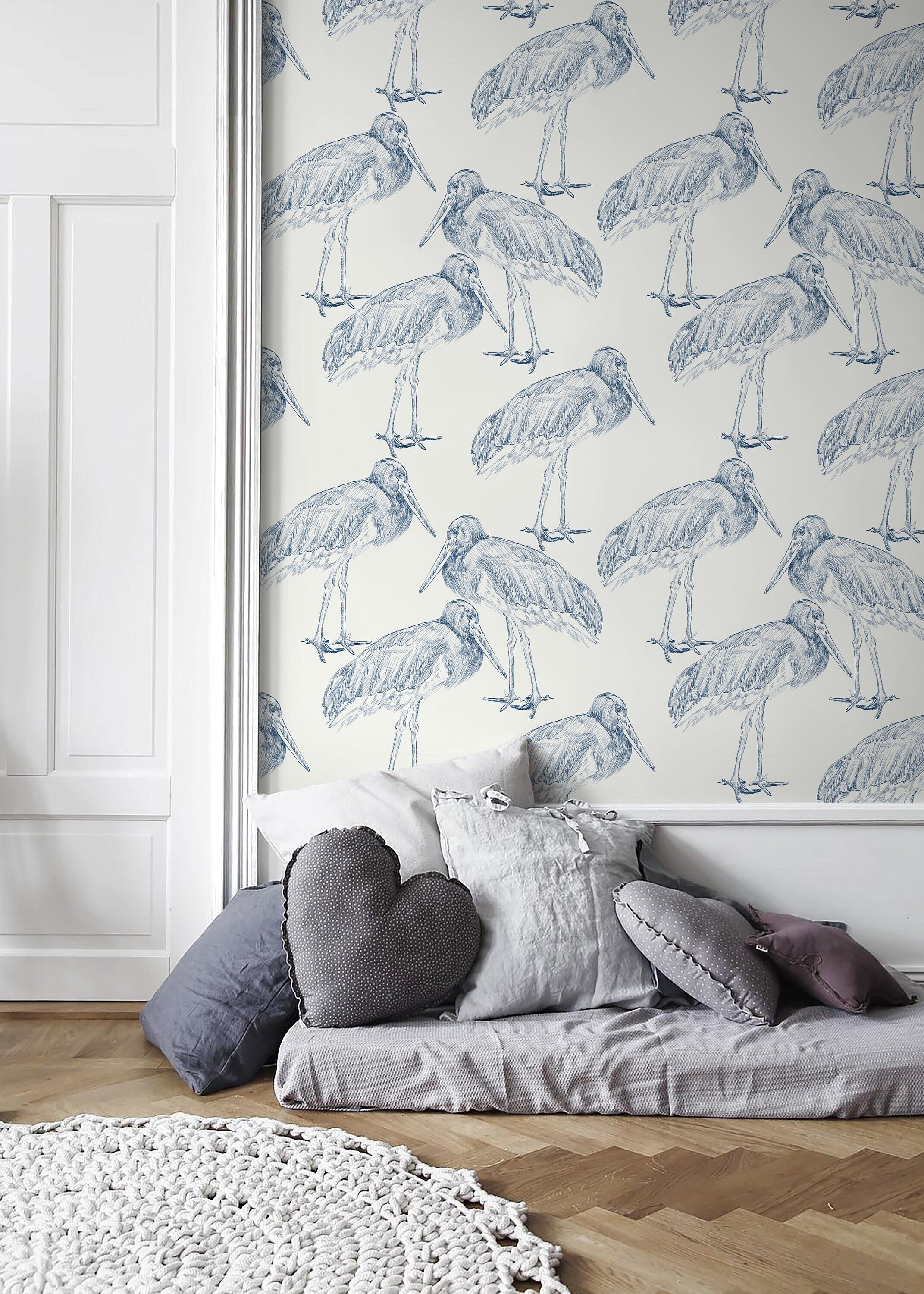 Bird Wallpaper With A Sketch Style Crane Motif In Blue - D058