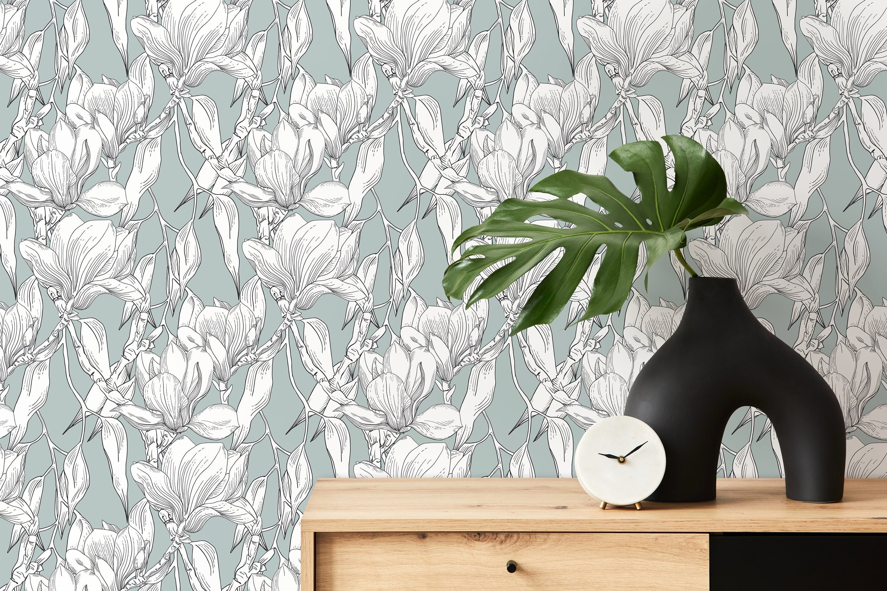 Botanical Wallpaper With A Magnolia Line Art Motif In Sage Green And Black - D025