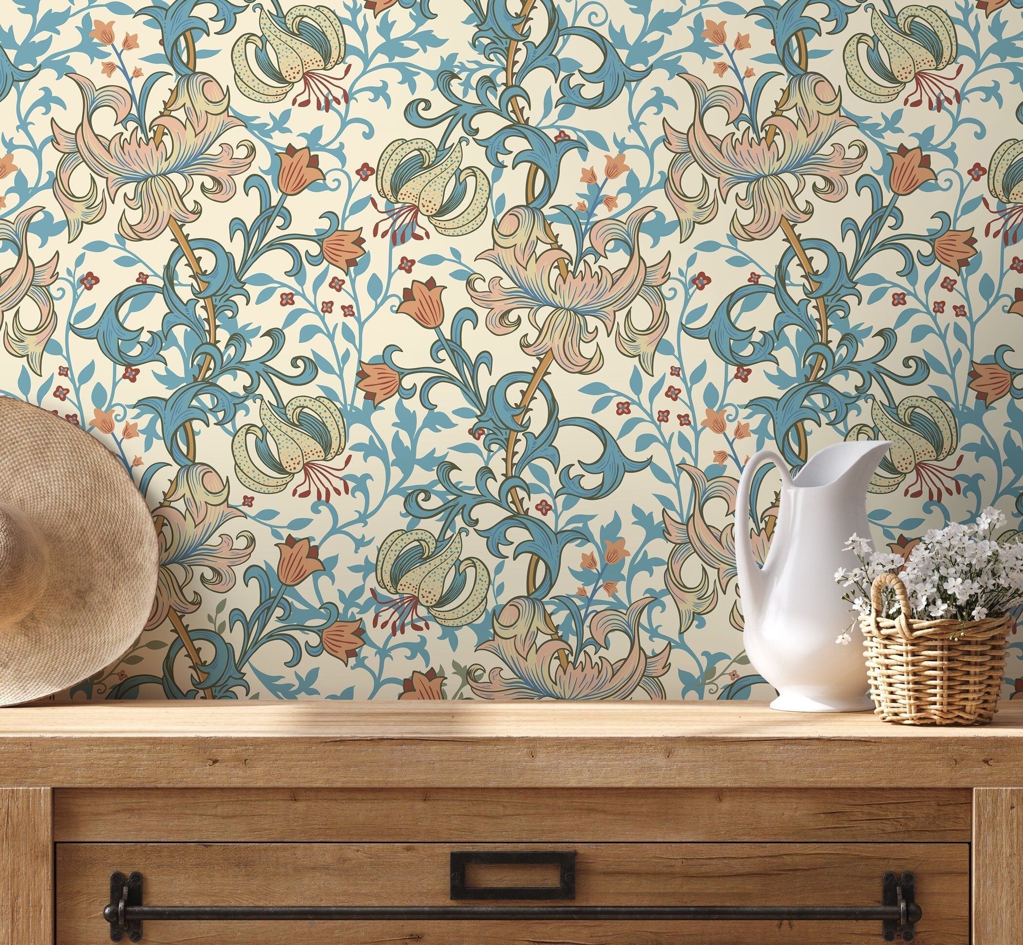 Art Nouveau Wallpaper With Stylized Lilies In Blue, Pink, And Orange - D029