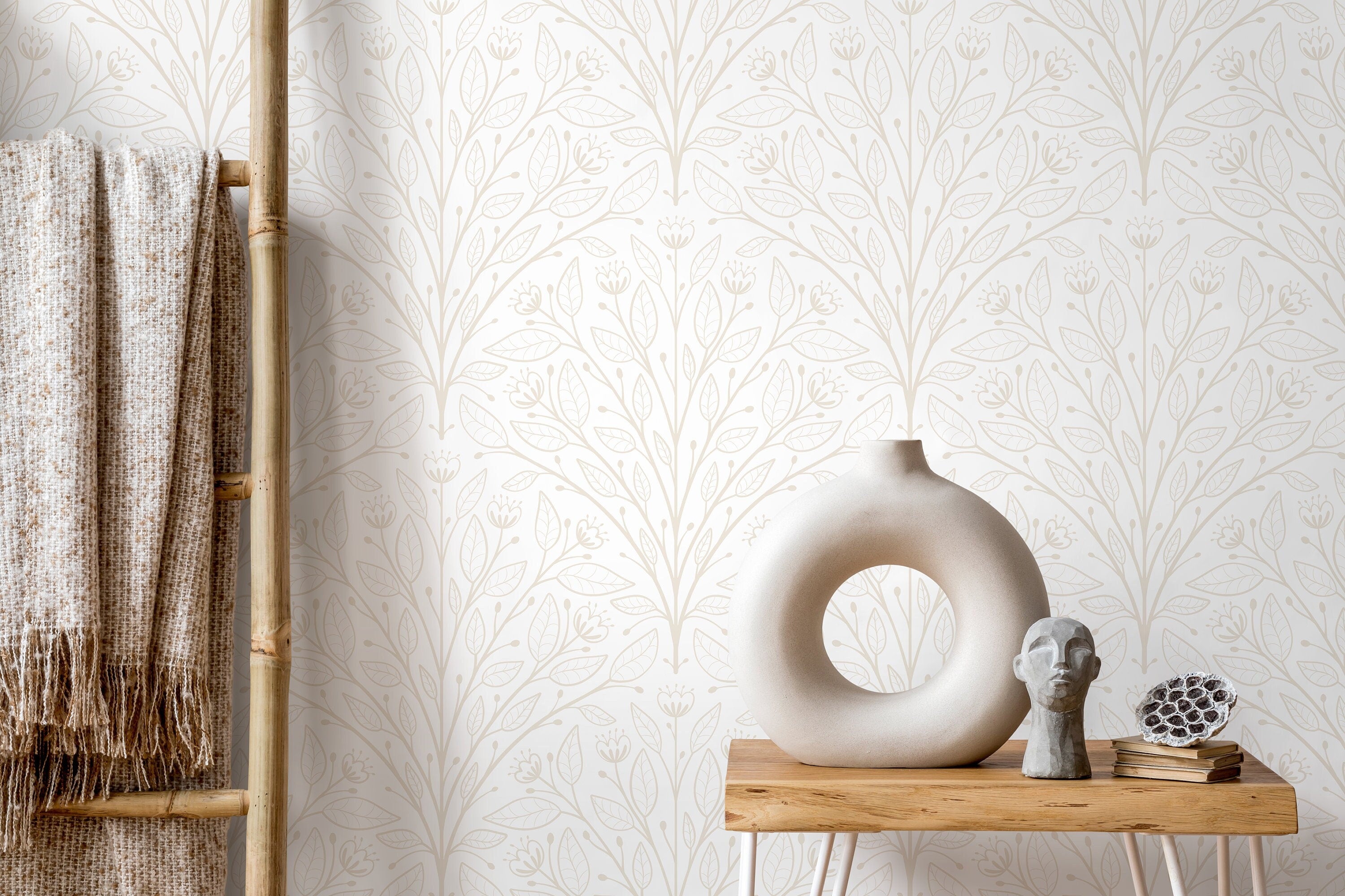 Botanical Wallpaper With A Symmetrical Vine Pattern In Beige - D042