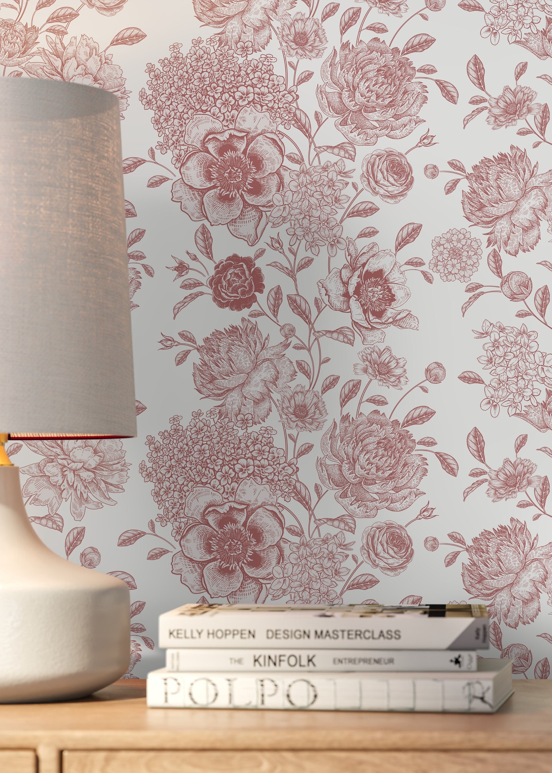 Vintage Toile Wallpaper With Peonies And Roses In Pink - D051