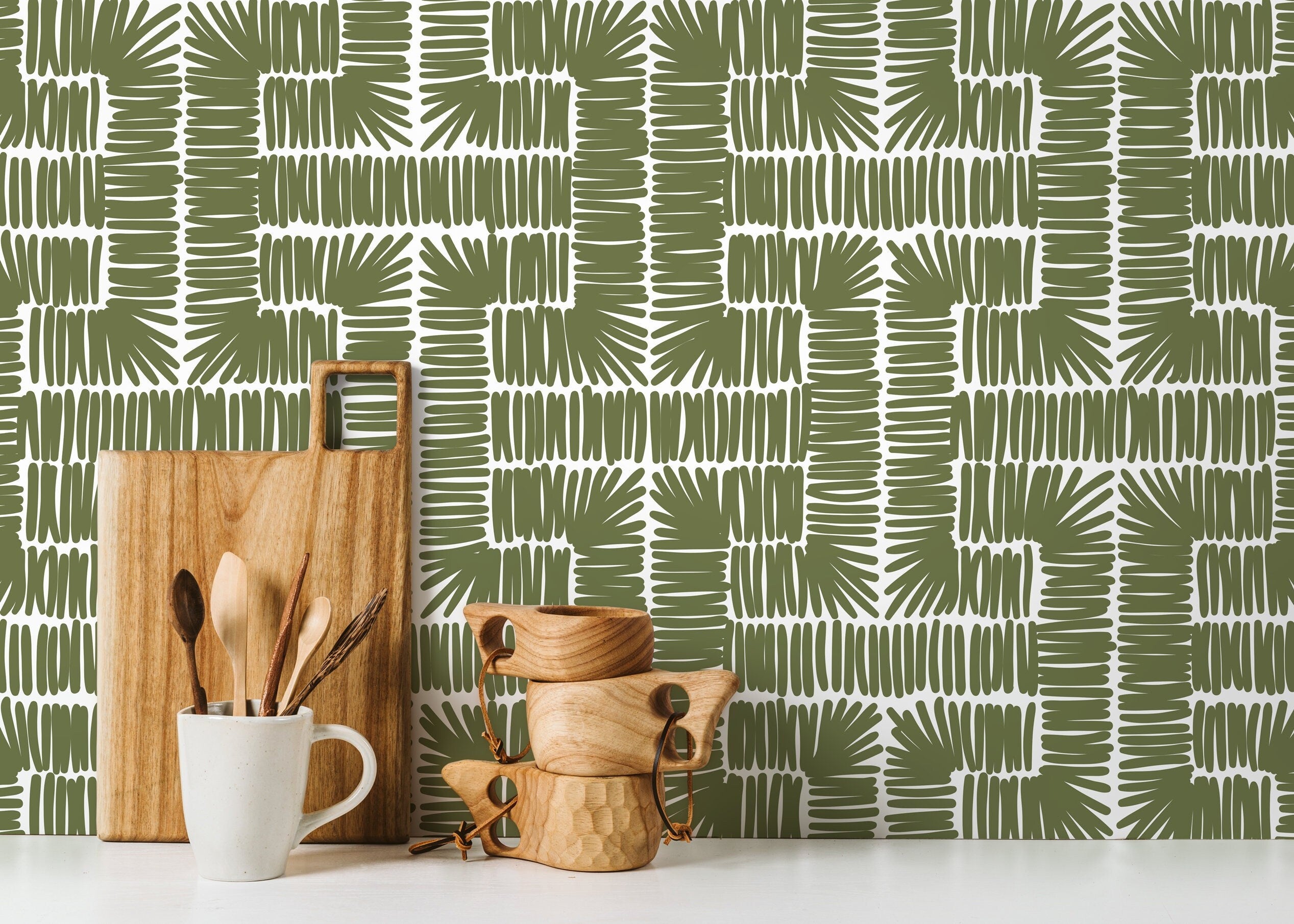 Geometric Wallpaper With A Woven Lines Motif In Olive Green - D047