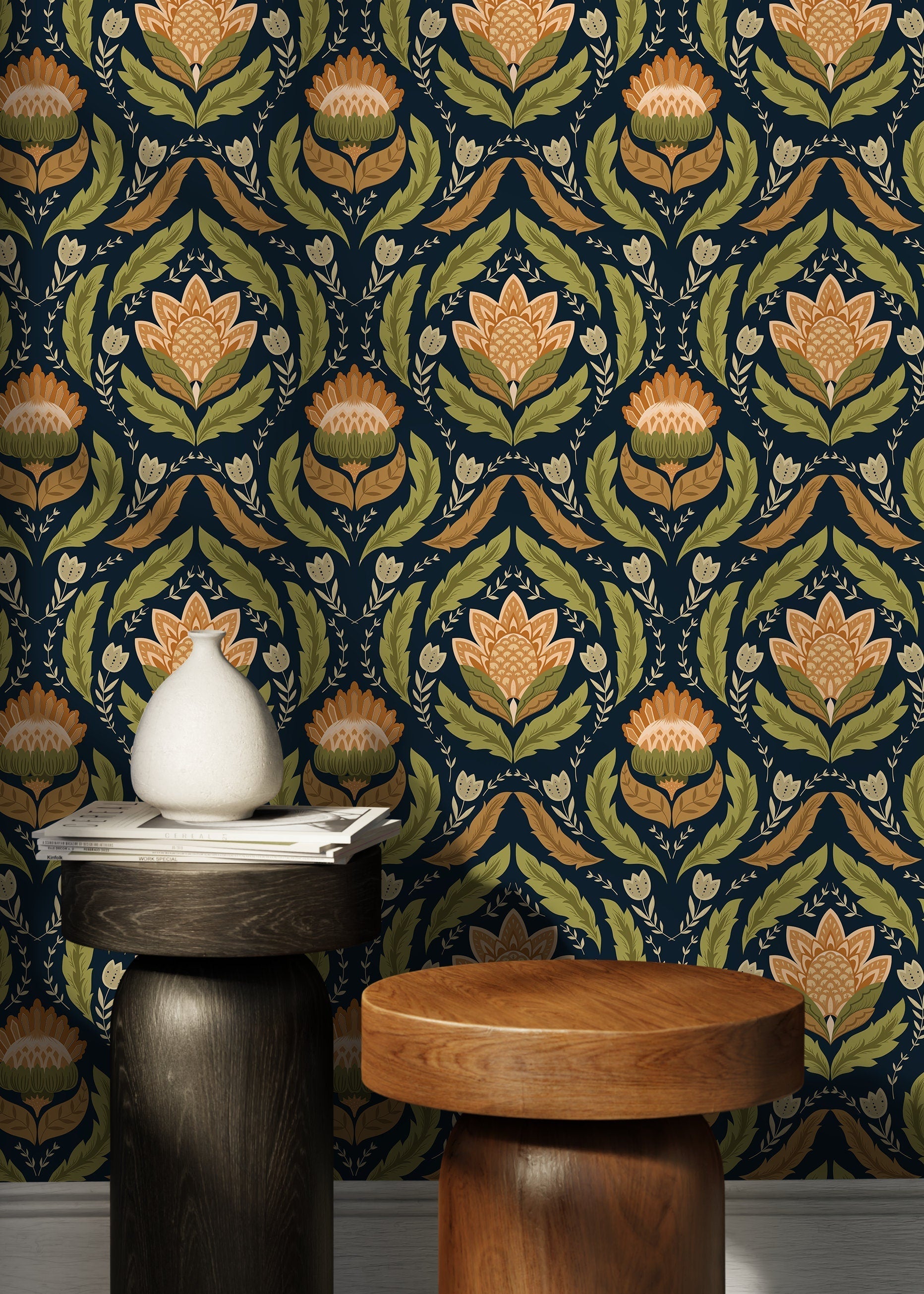 Folk Art Wallpaper With A Symmetrical Floral Damask In Navy Blue, Green, And Orange - D061