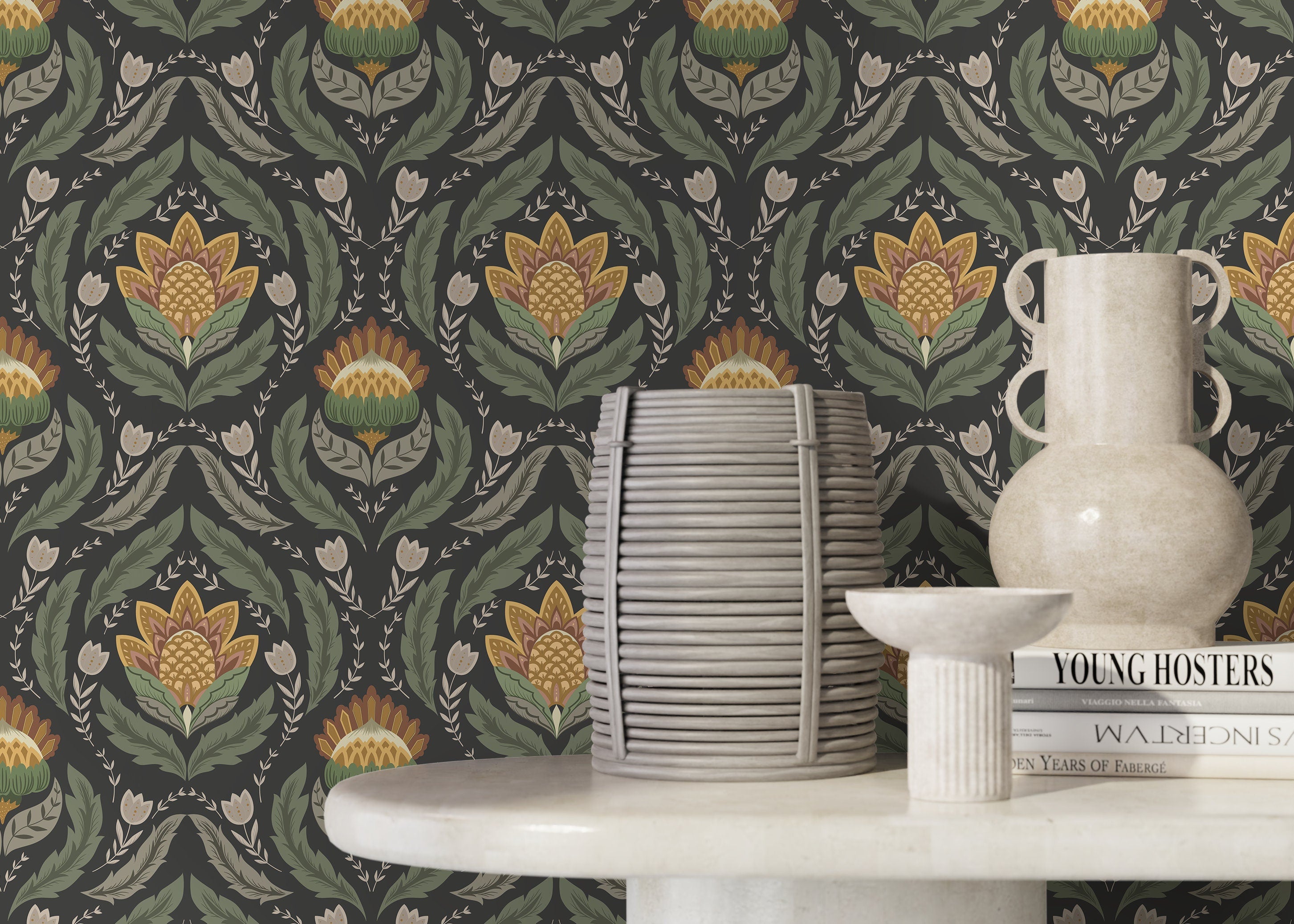 Floral Wallpaper With A Victorian Damask Motif In Green, Yellow, And Charcoal - D062