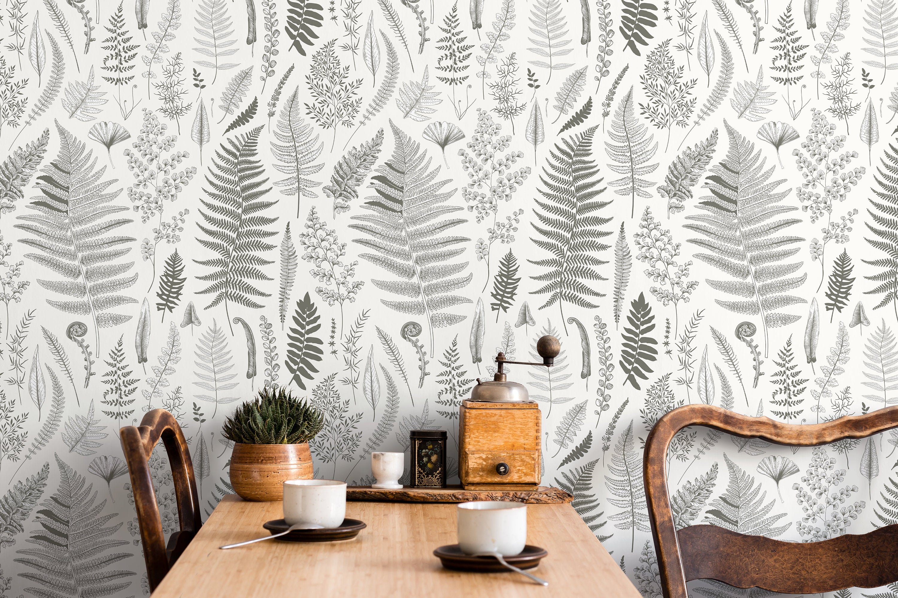 Botanical Wallpaper With A Vintage Fern Motif In Gray And Black - D066