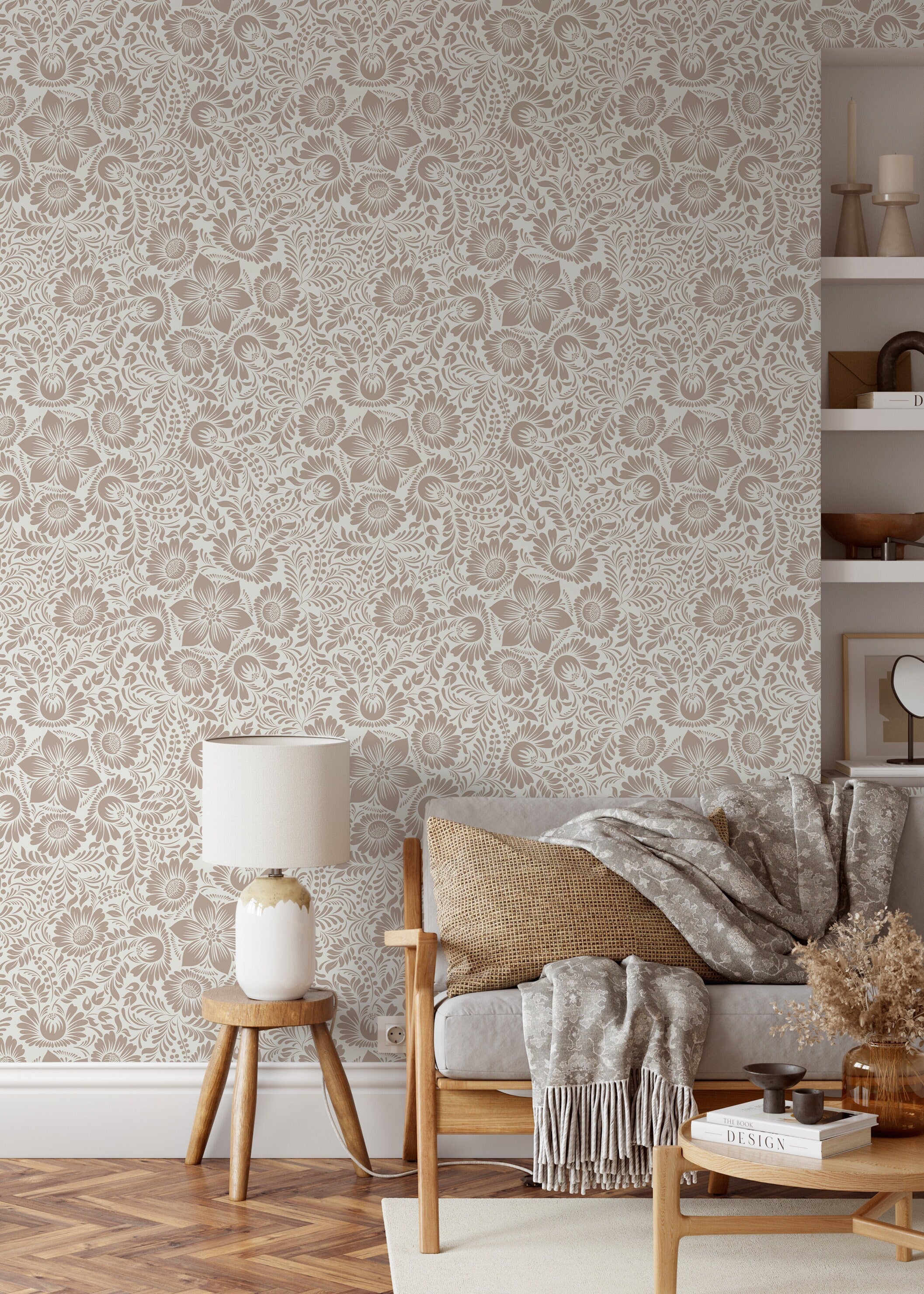 Floral Wallpaper With An Intricate Folk Art Motif In Taupe - D069