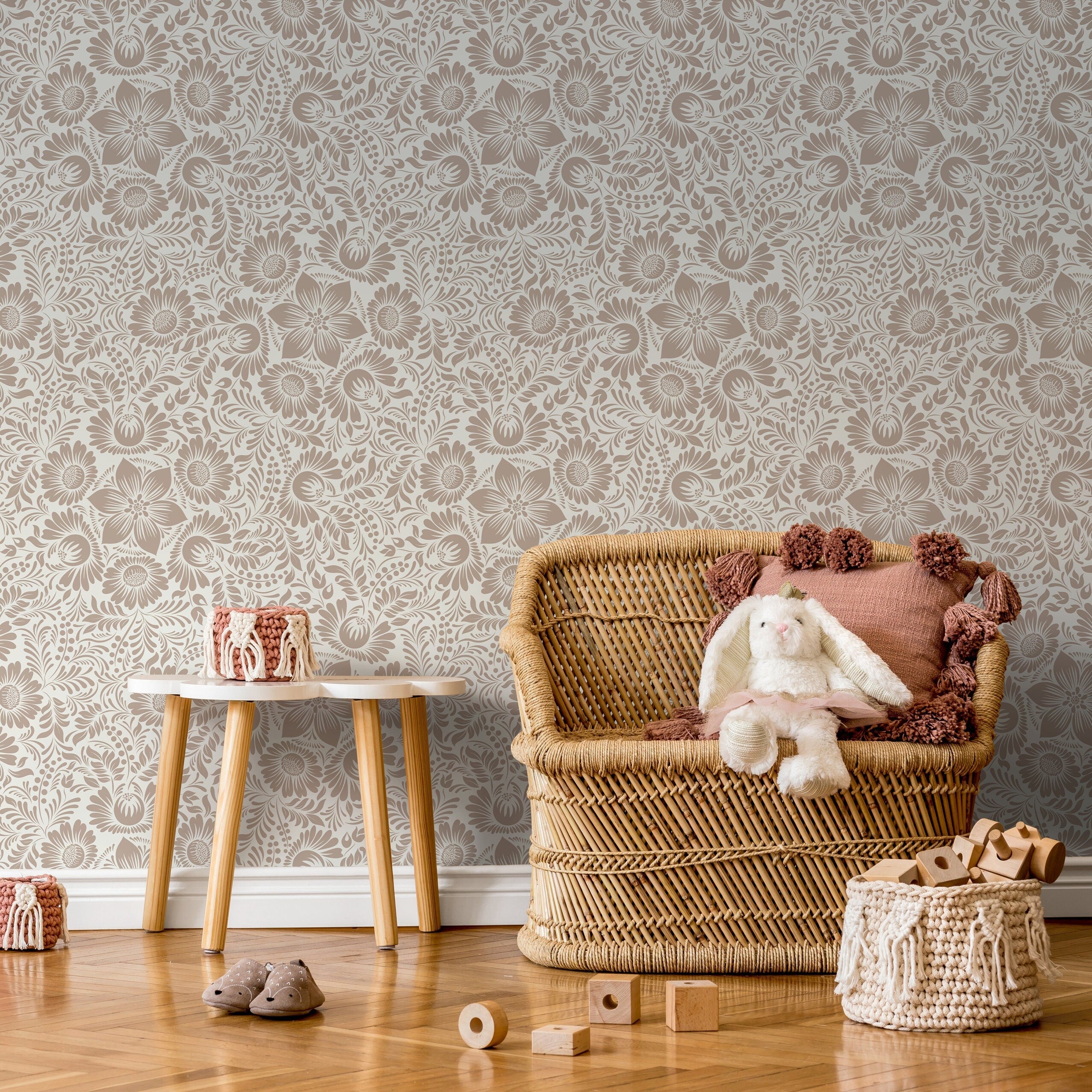 Floral Wallpaper With An Intricate Folk Art Motif In Taupe - D069
