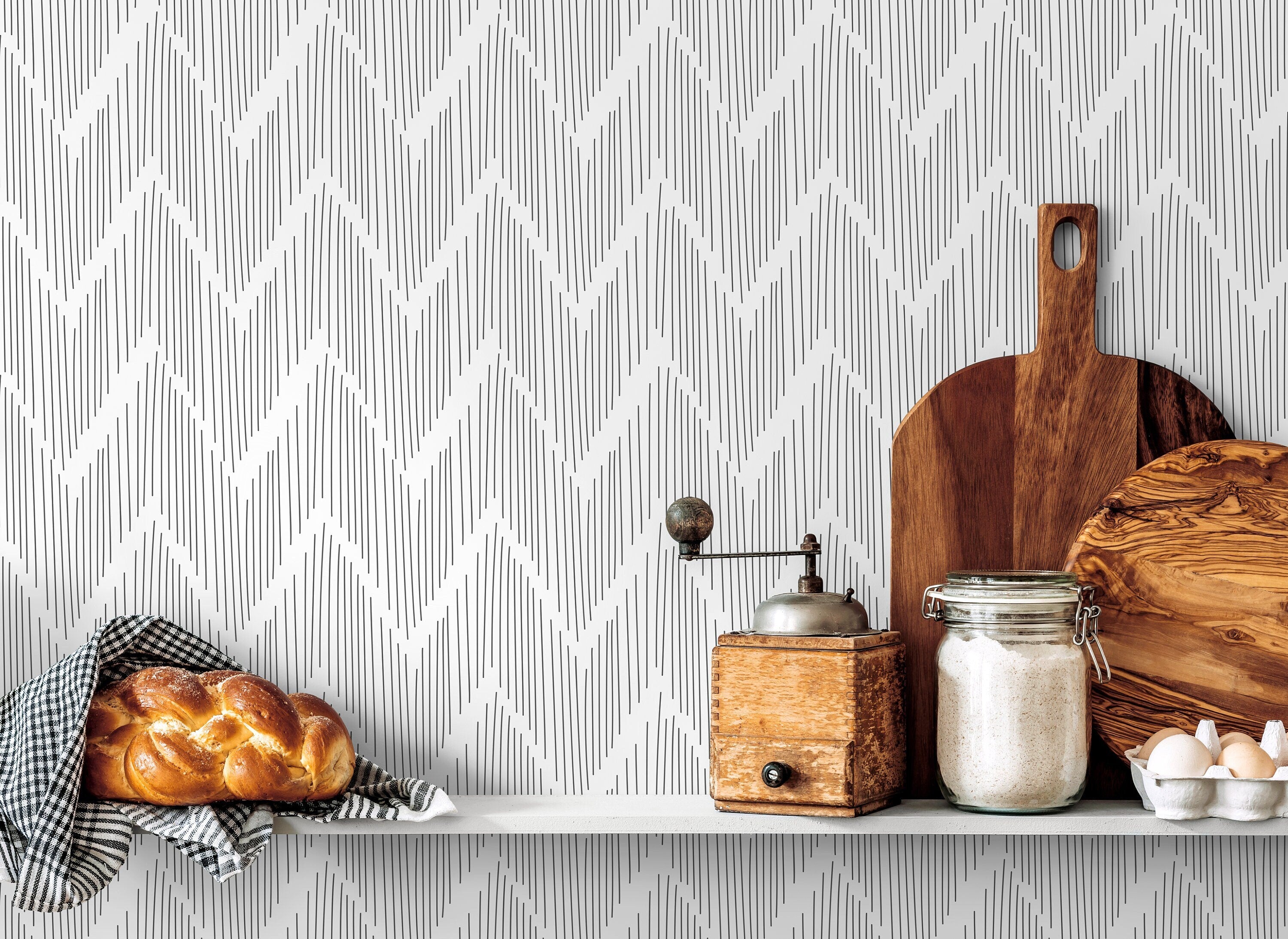 Chevron Wallpaper With A Hand-drawn Line Motif In Black - D001