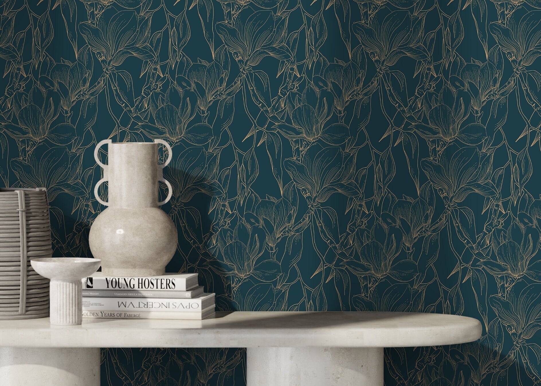 Floral Wallpaper With Elegant Magnolia Outlines In Teal And Gold - D027