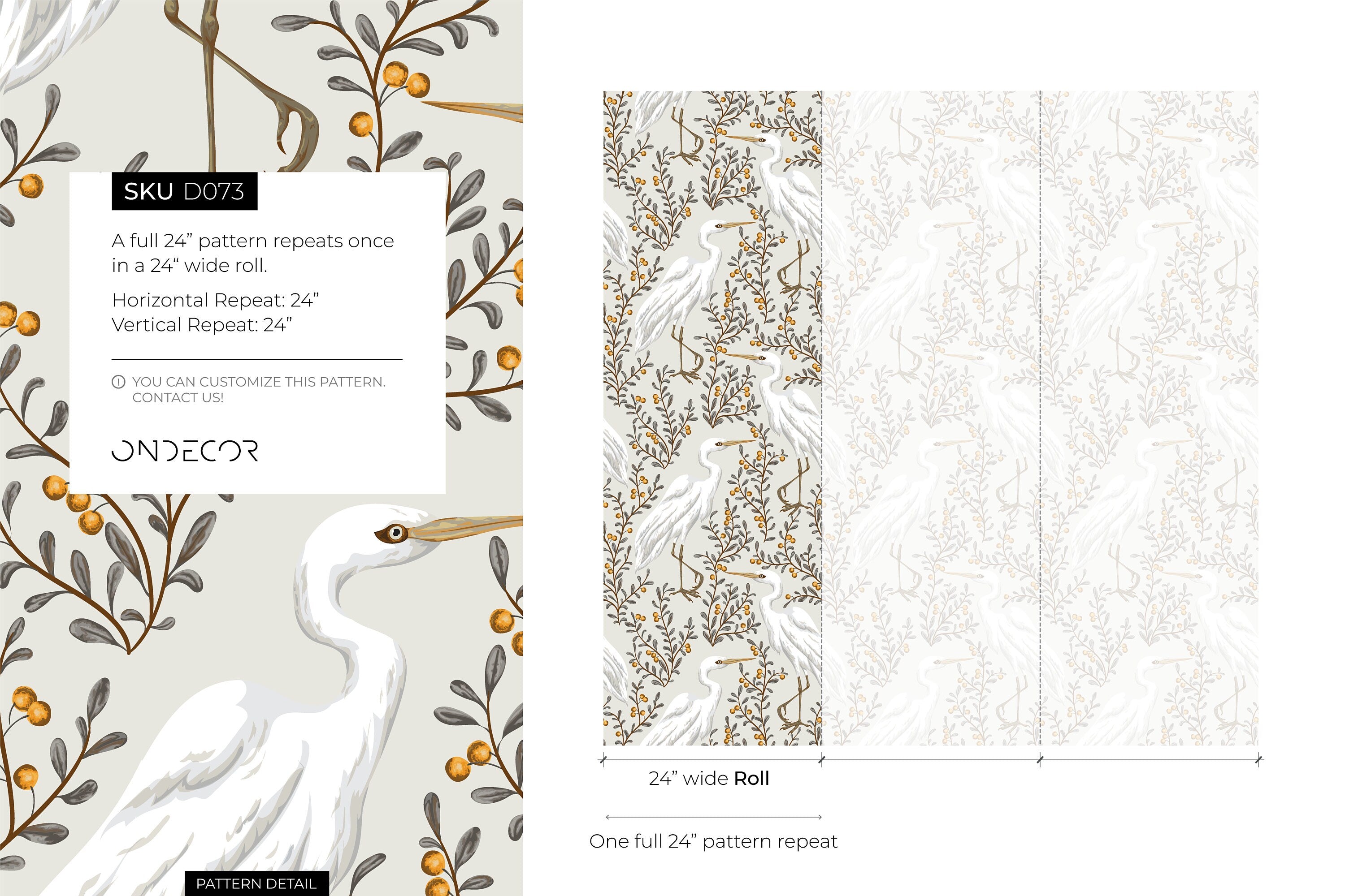 Bird Wallpaper With Elegant Cranes And Berries In Gray, Brown, And Yellow - D073
