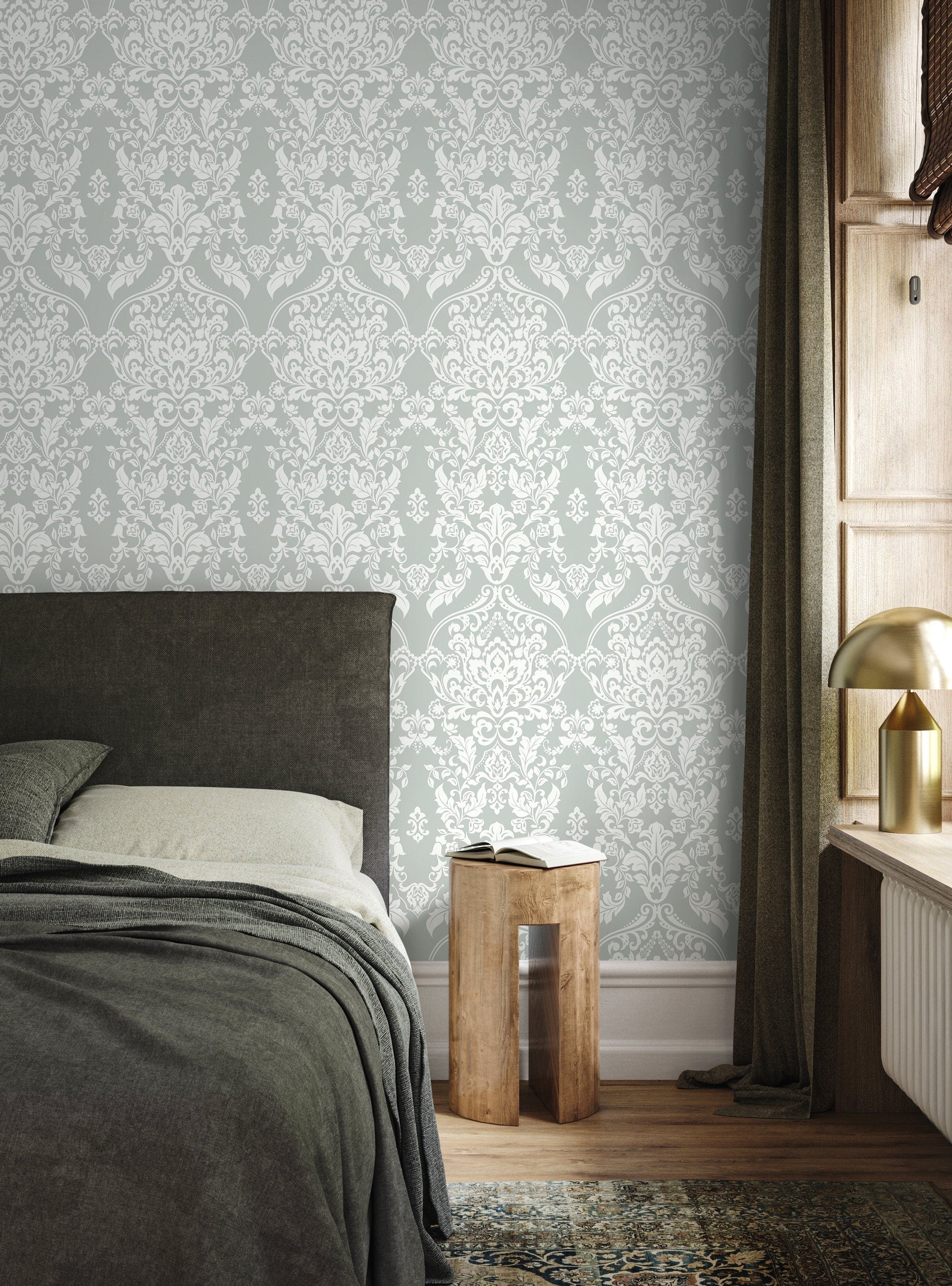 Damask Wallpaper With A Vintage Floral Motif In Sage Green And White - D074