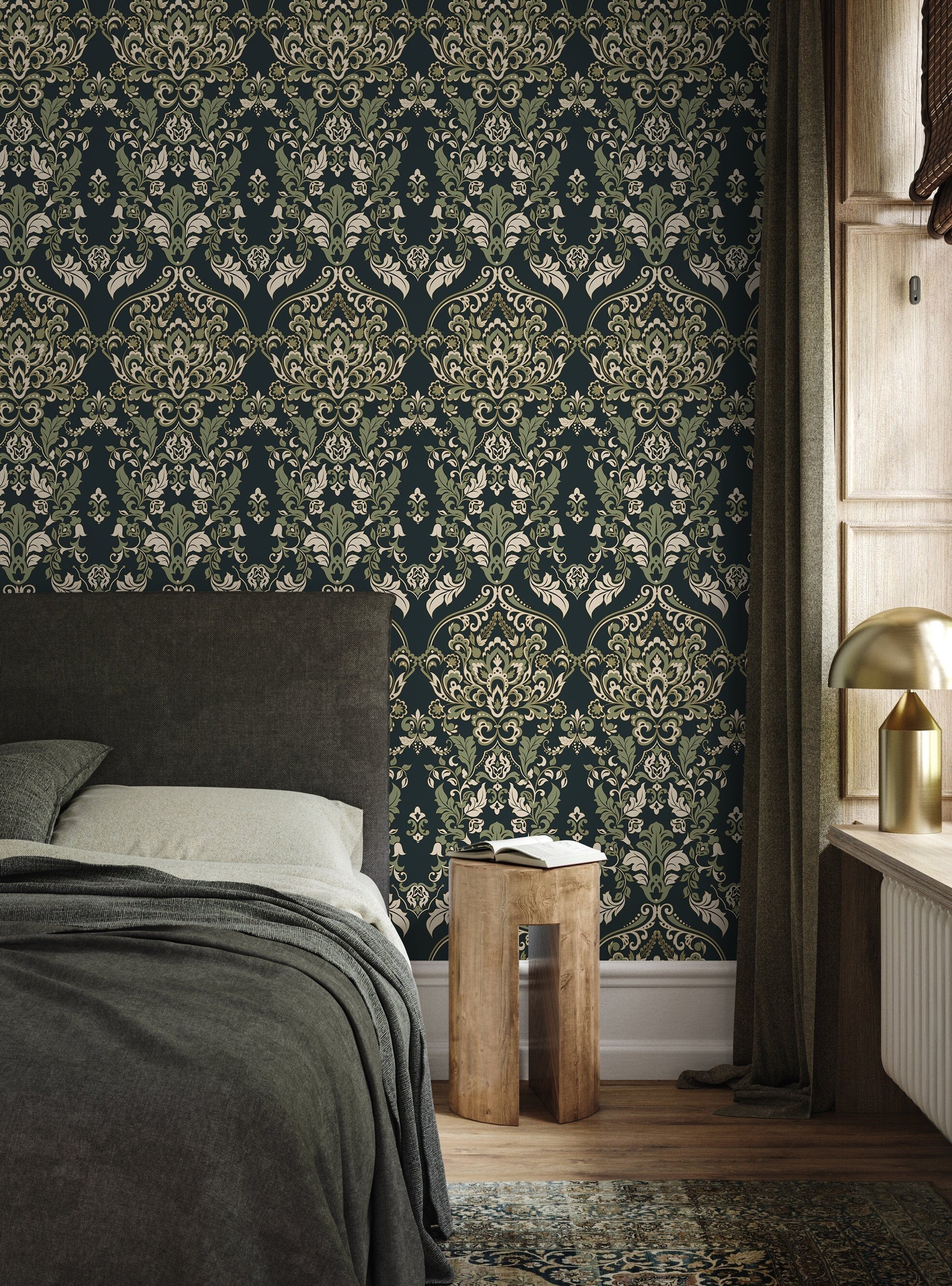 Damask Wallpaper With An Ornate Victorian Motif In Green And Beige - D077