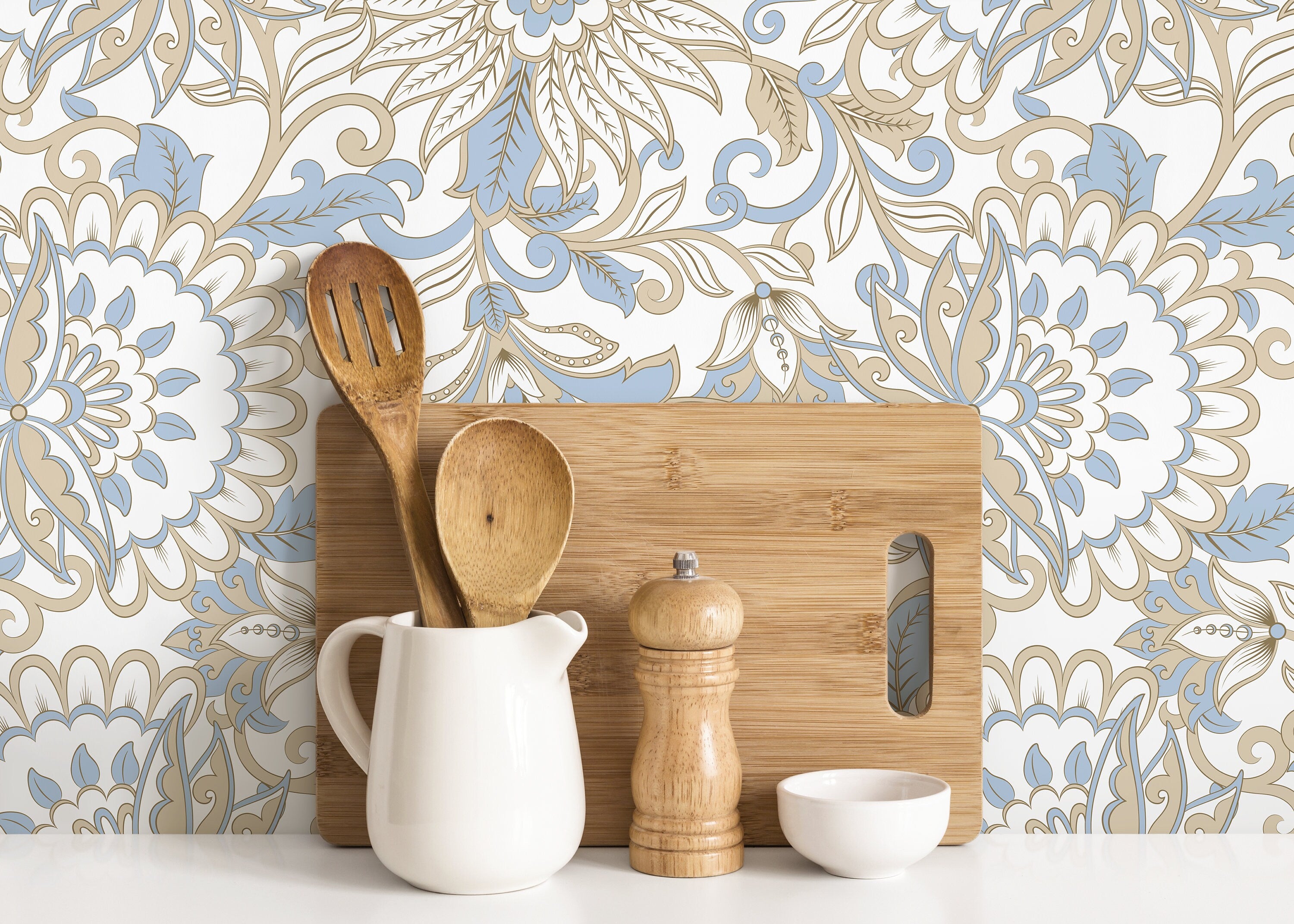 Victorian Wallpaper With An Elegant Floral Damask Motif In Blue And Beige - D079