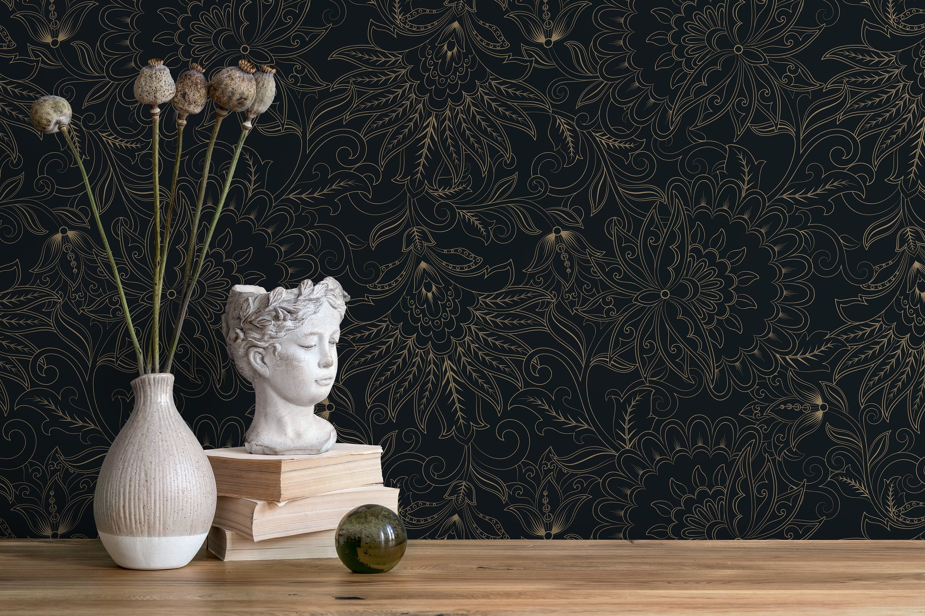 Victorian Wallpaper With Intricate Floral Scrolls In Black And Gold - D081