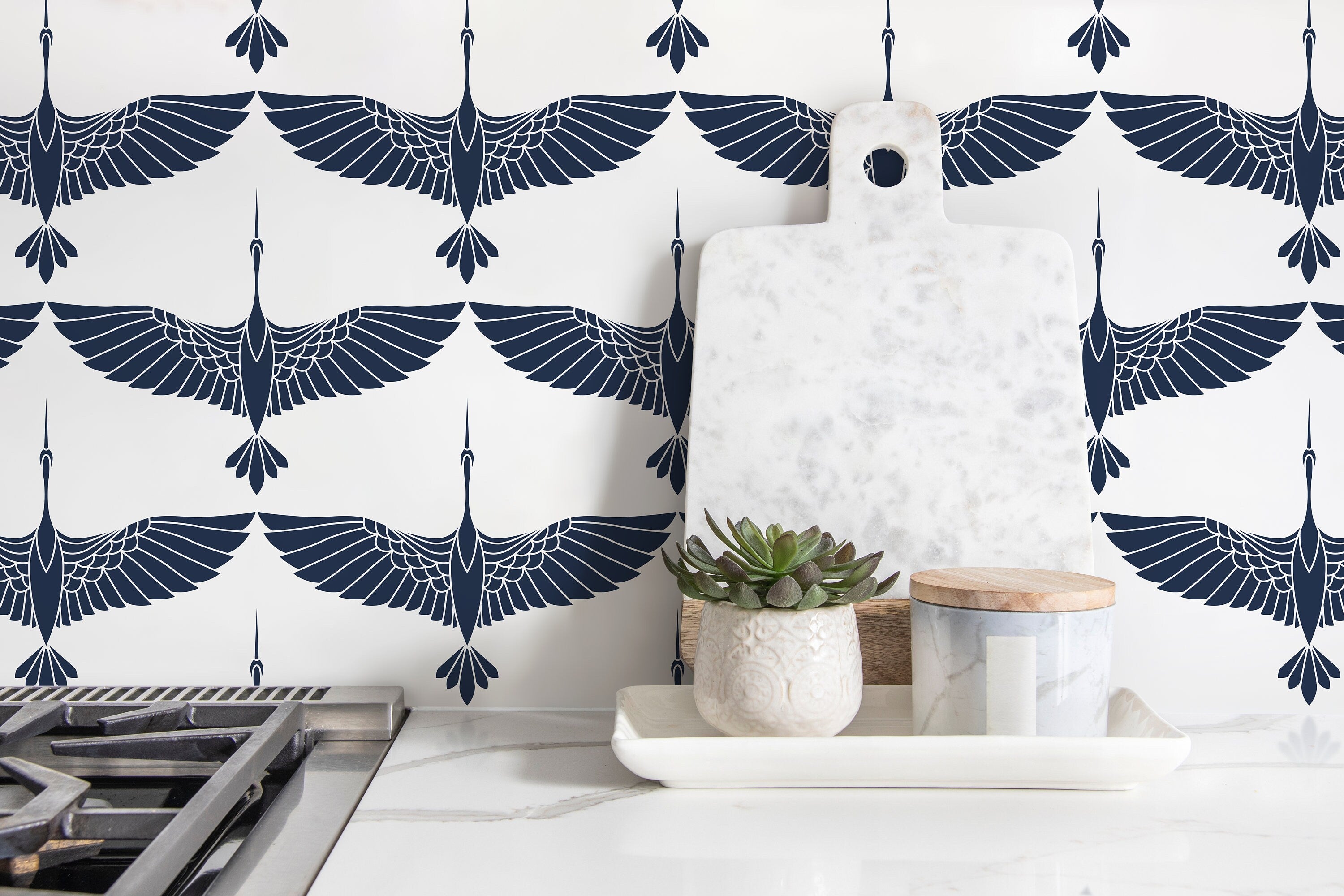 Art Deco Wallpaper With Flying Cranes In Navy Blue And Light Grey - D083