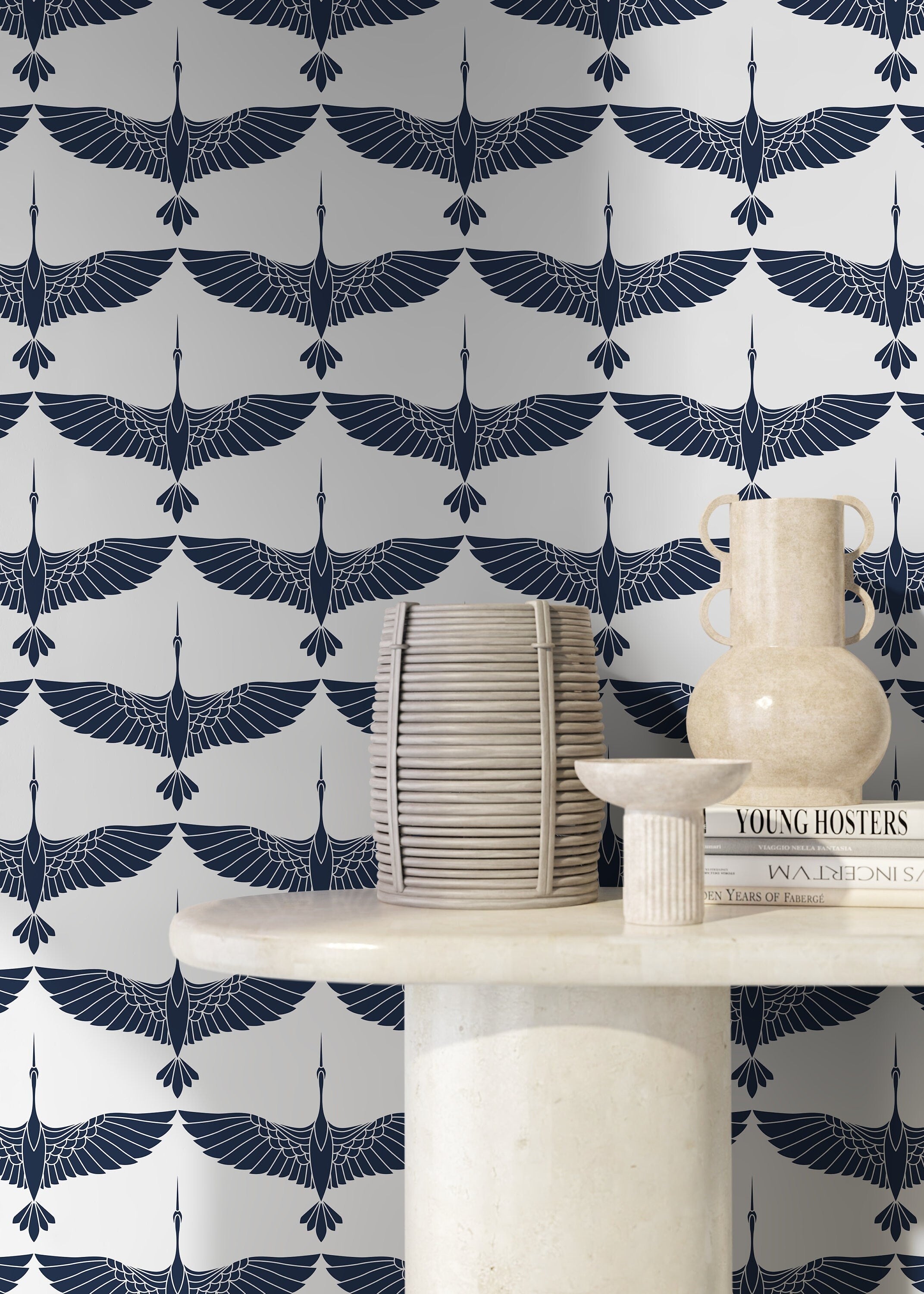 Art Deco Wallpaper With Flying Cranes In Navy Blue And Light Grey - D083