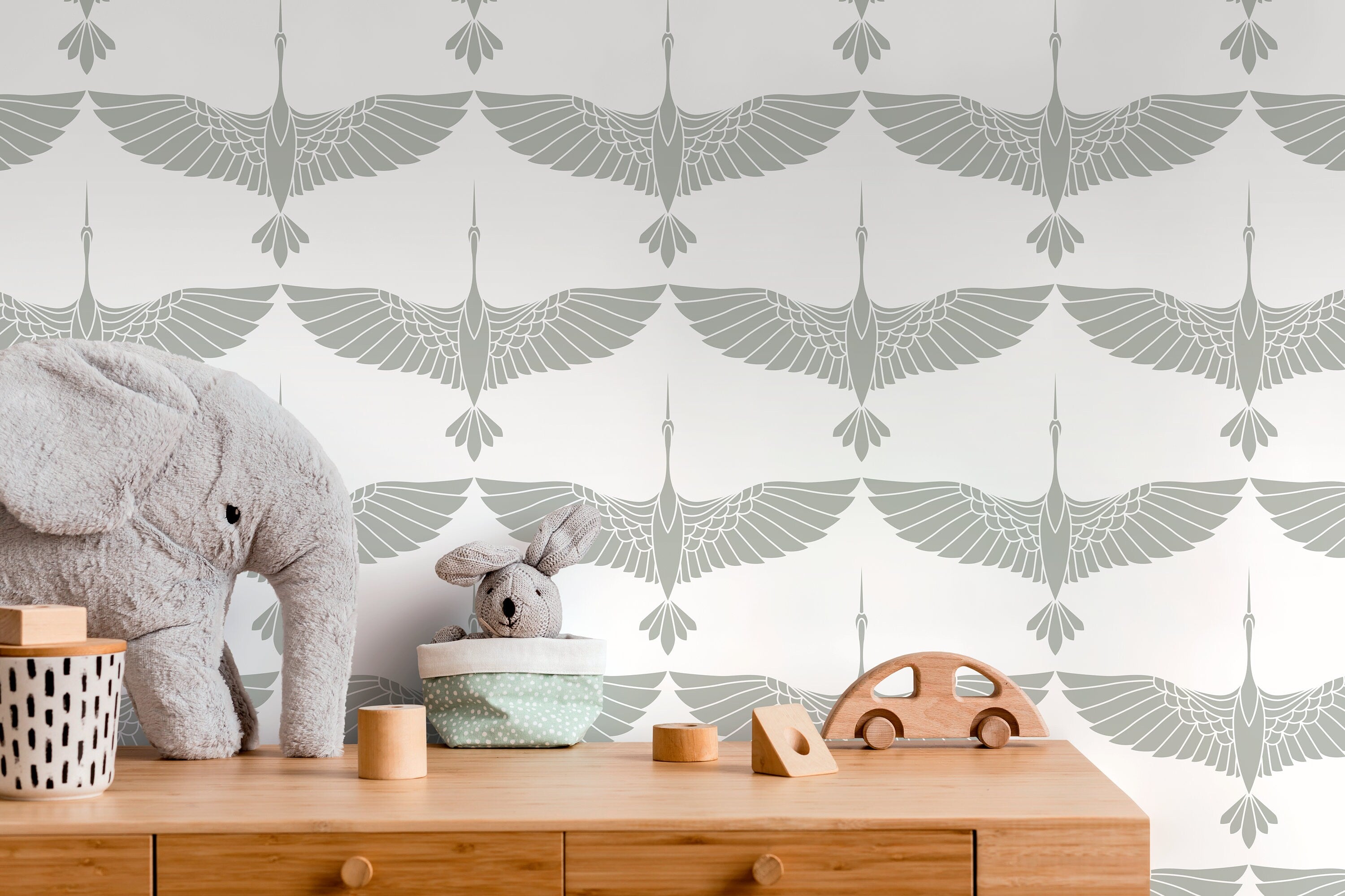 Art Deco Wallpaper With A Stylized Crane Pattern In Gray - Cc-d086