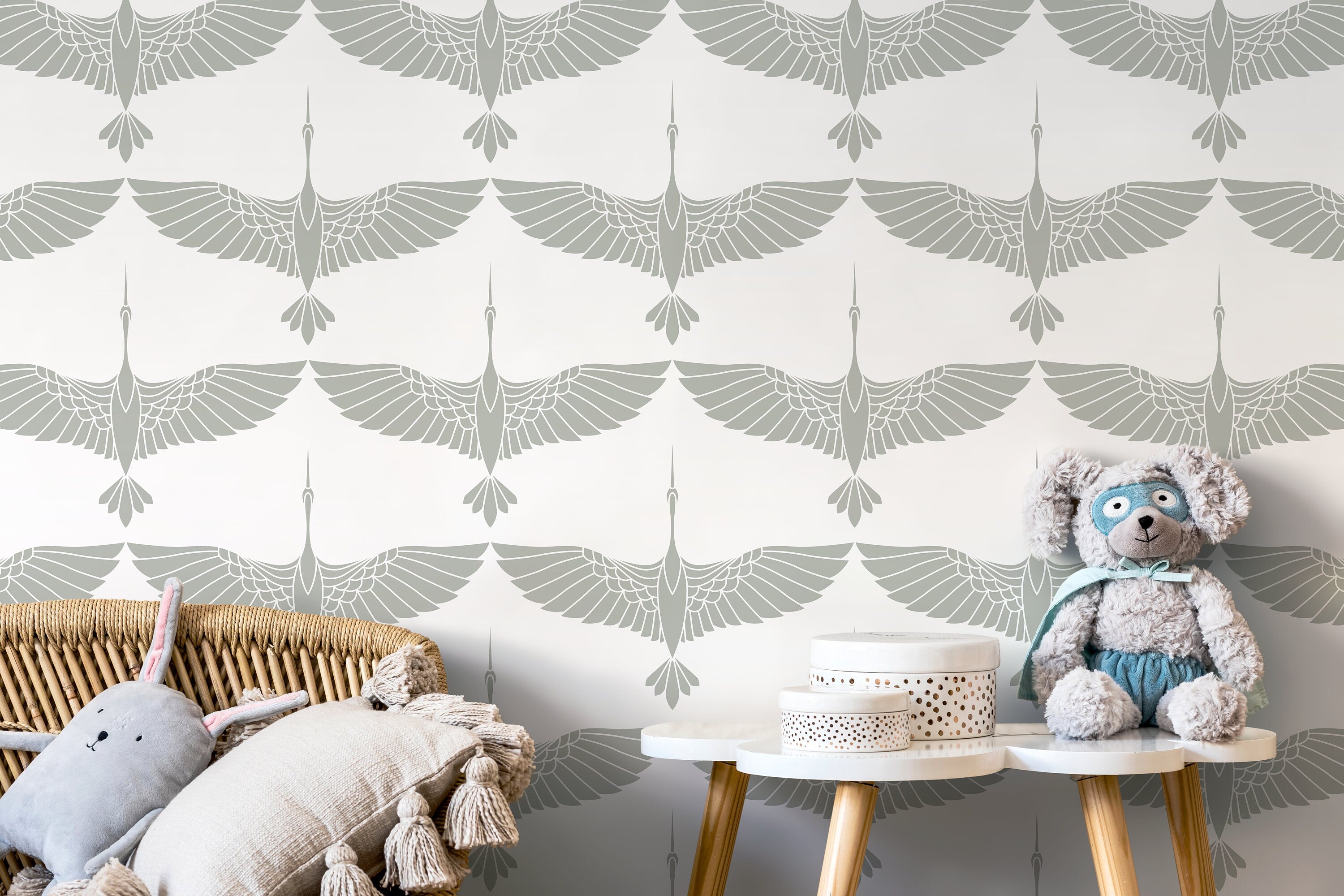Art Deco Wallpaper With A Stylized Crane Pattern In Gray - Cc-d086
