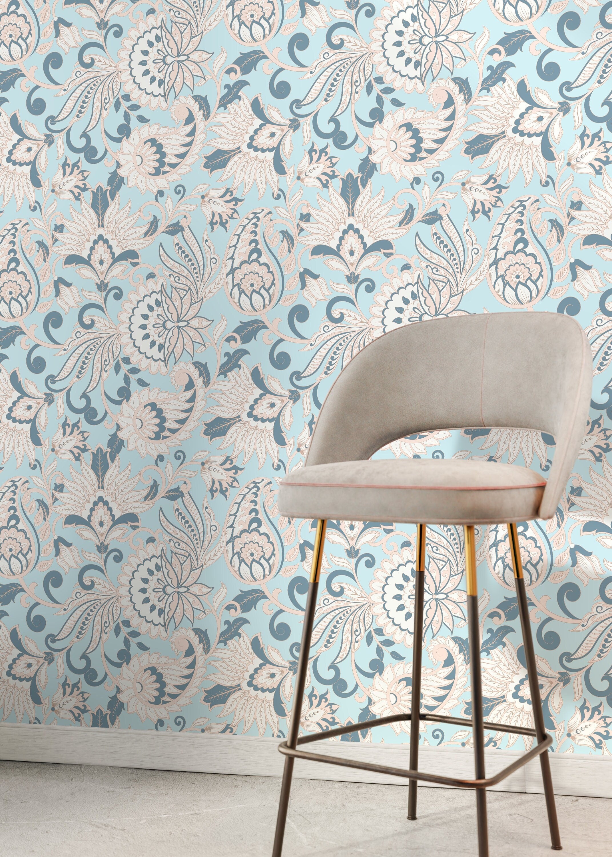 Vintage Floral Wallpaper With A Damask Motif In Light Blue And Pink - D090