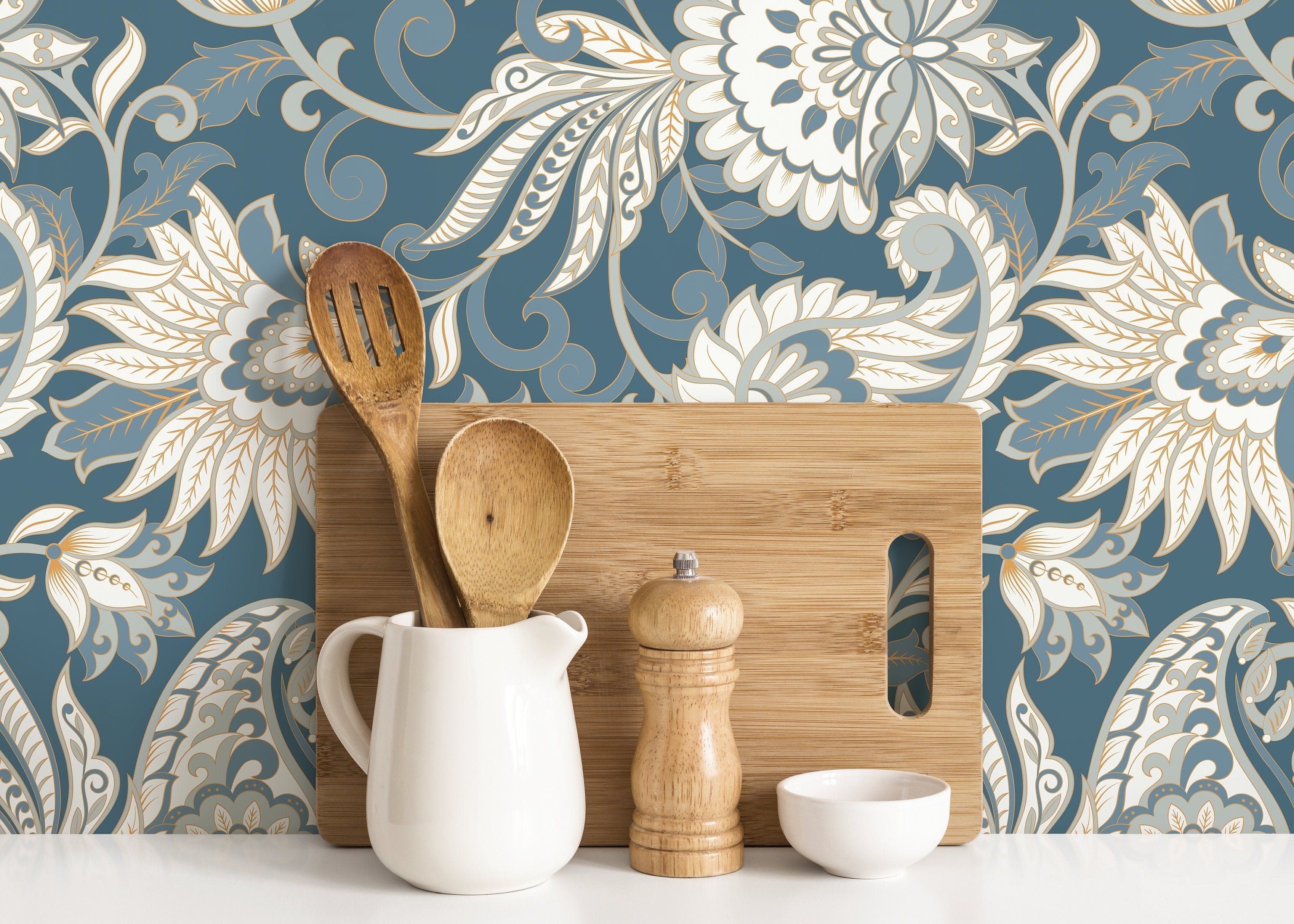Paisley Wallpaper With An Intricate Floral Motif In Blue, Beige, And White - D091