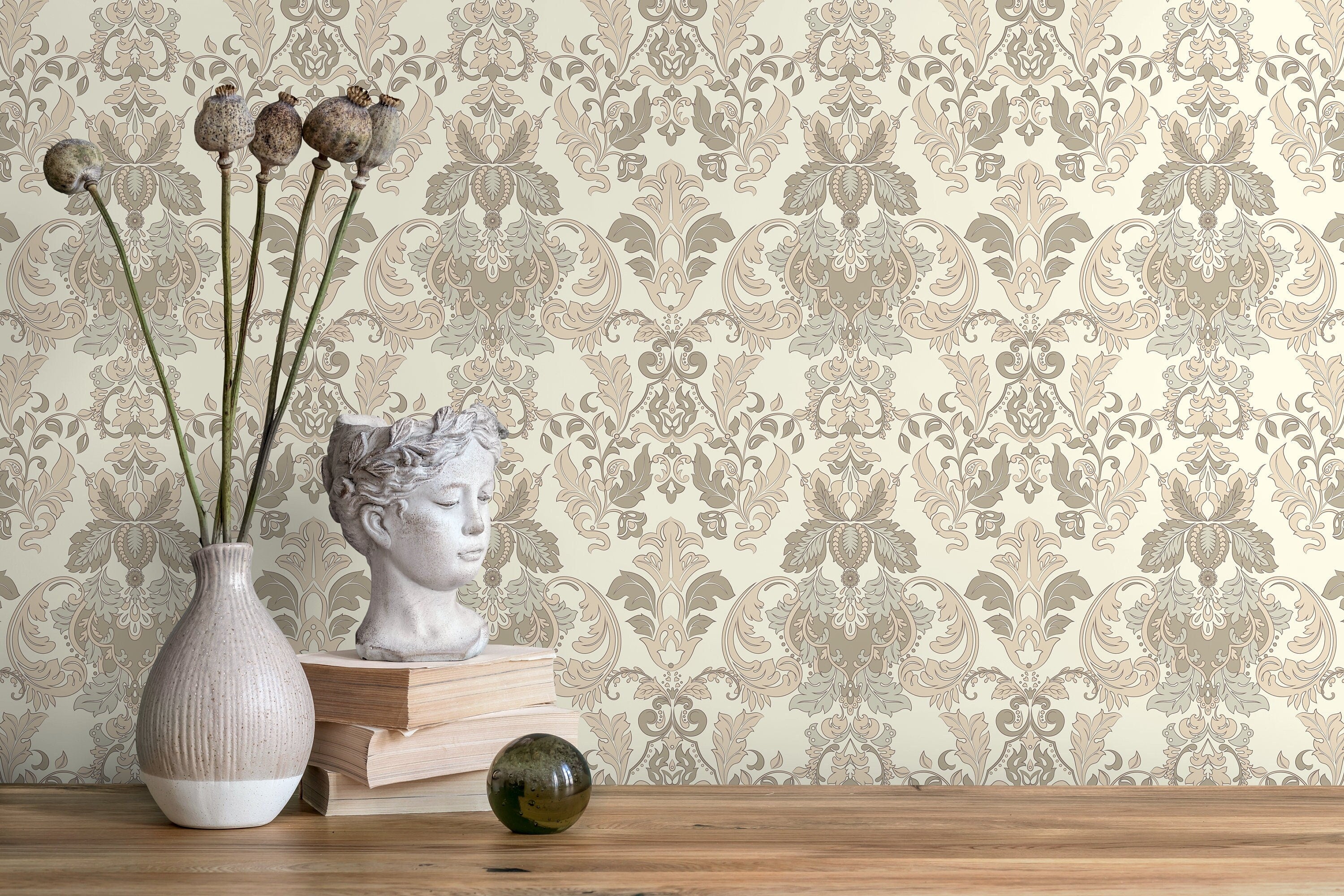 Damask Wallpaper With An Intricate Victorian Motif In Cream, Beige, And Taupe - D093