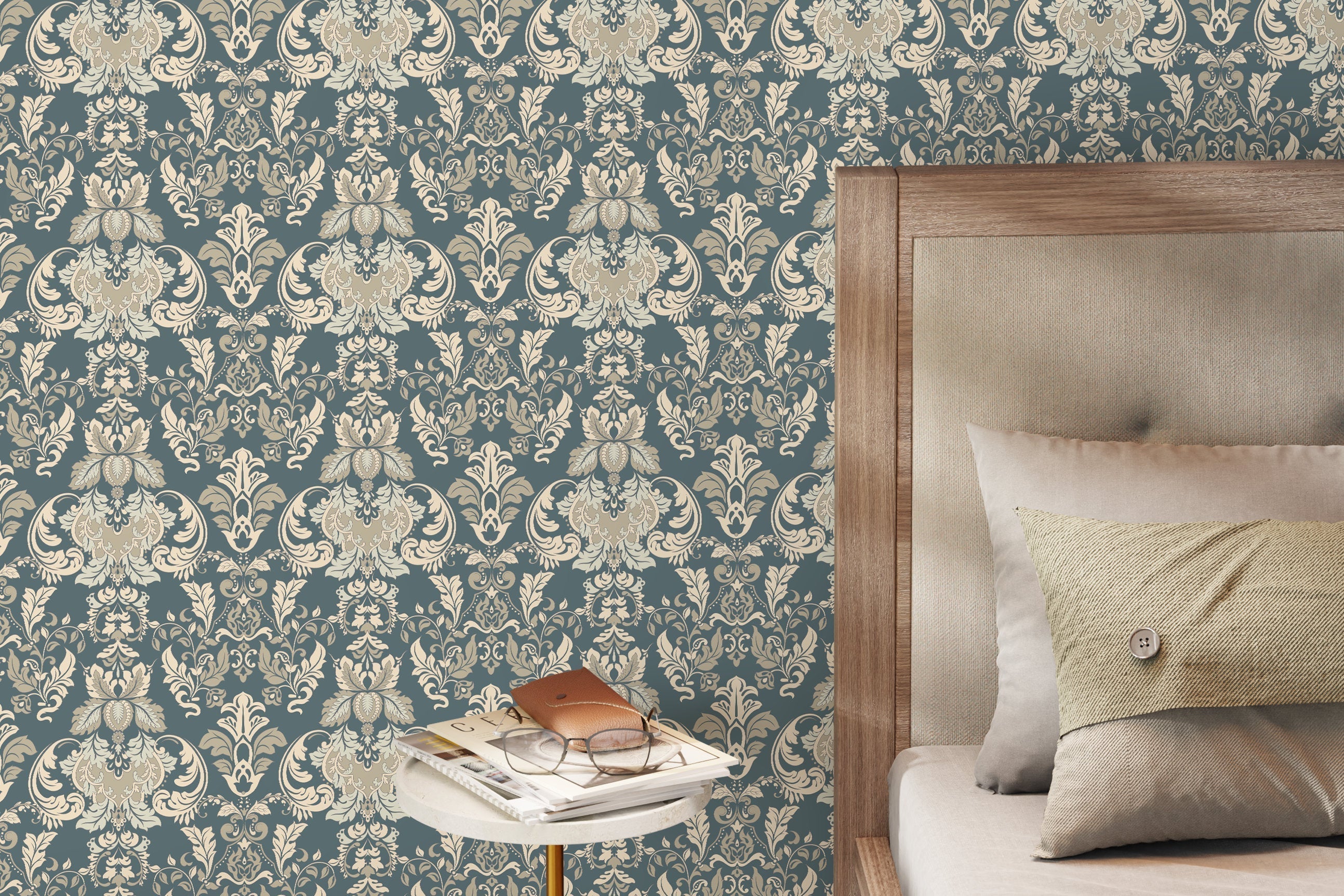Damask Wallpaper With An Intricate Victorian Motif In Green, Beige, And Cream - D094
