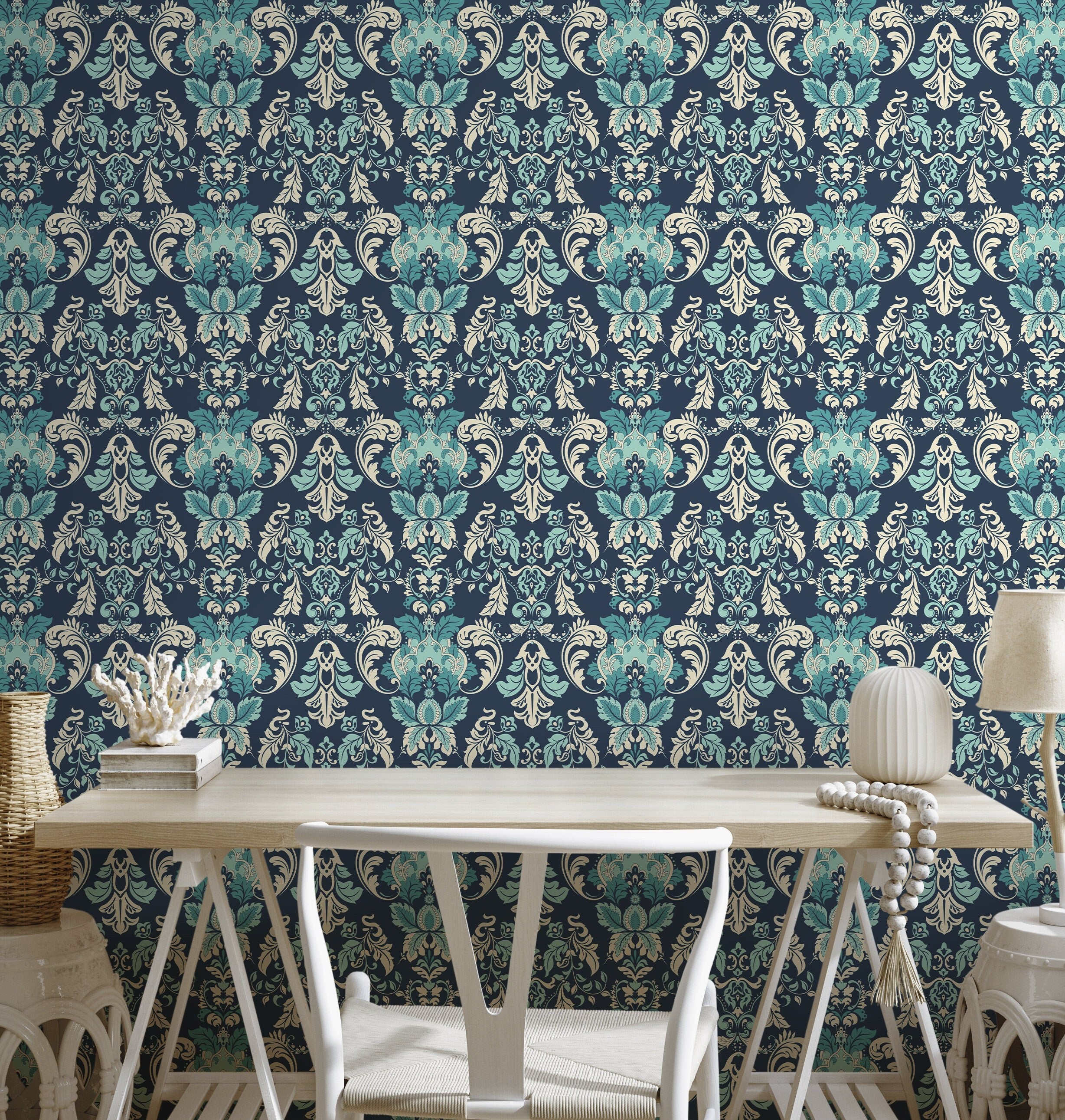 Damask Wallpaper With An Intricate Scroll Motif In Navy Blue, Teal, And Cream - D097