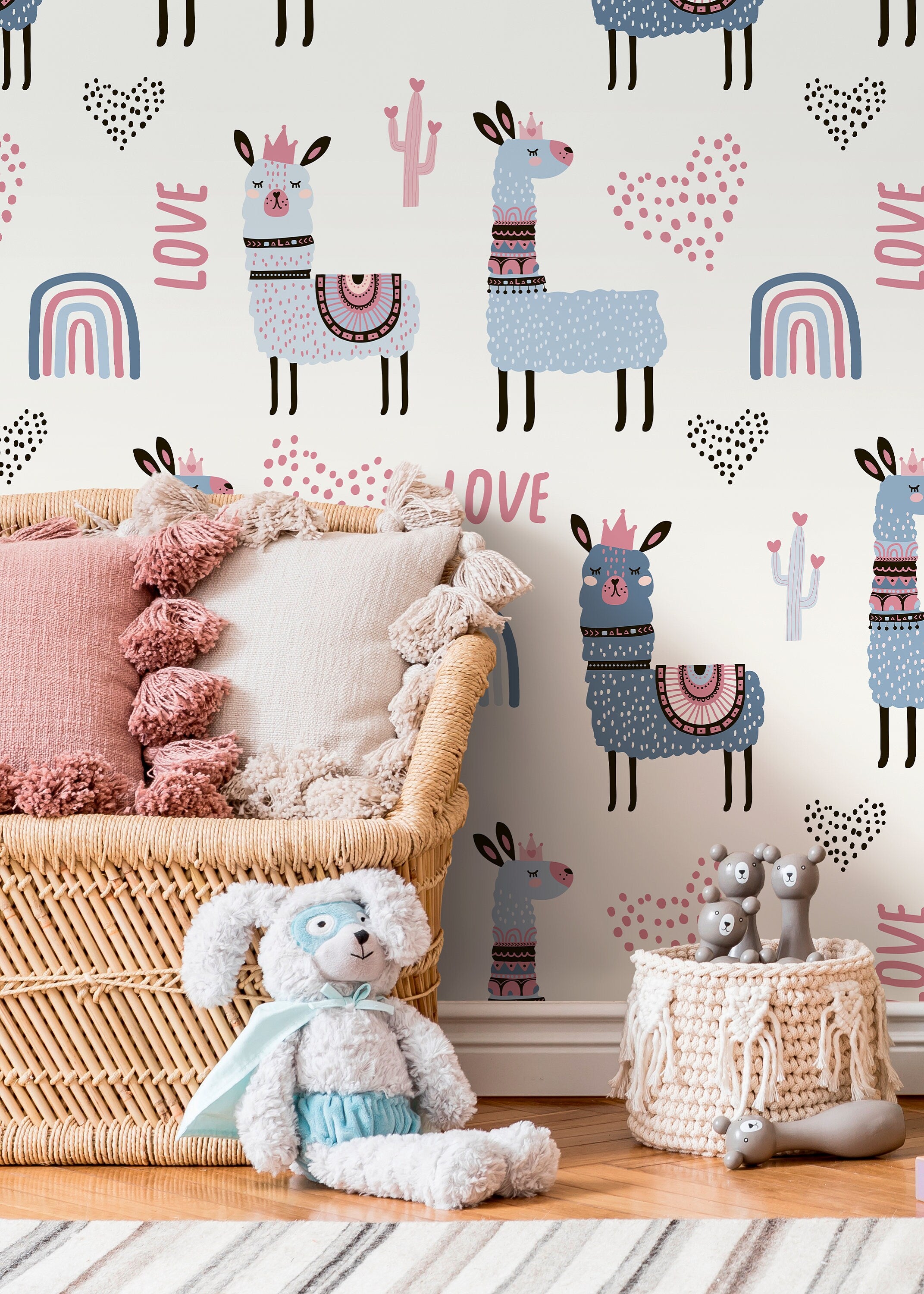 Kids Wallpaper With Cute Llamas And Rainbows In Blue, Pink, And Black - D118
