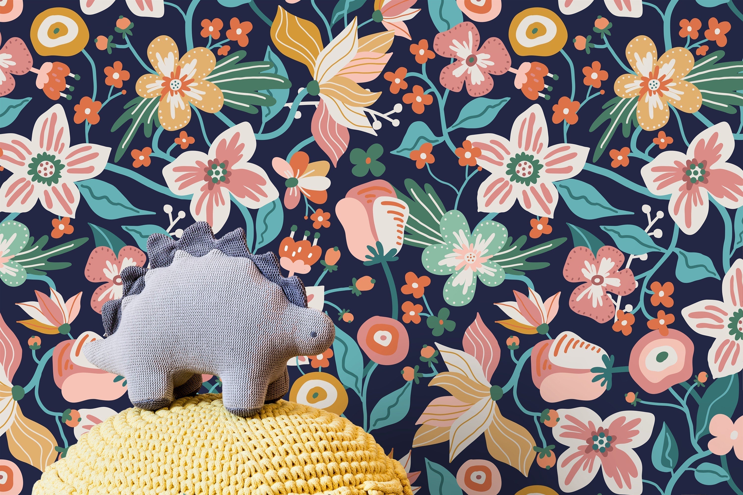 Floral Wallpaper With Stylized Garden Blooms In Pink, Orange, And Teal - D119