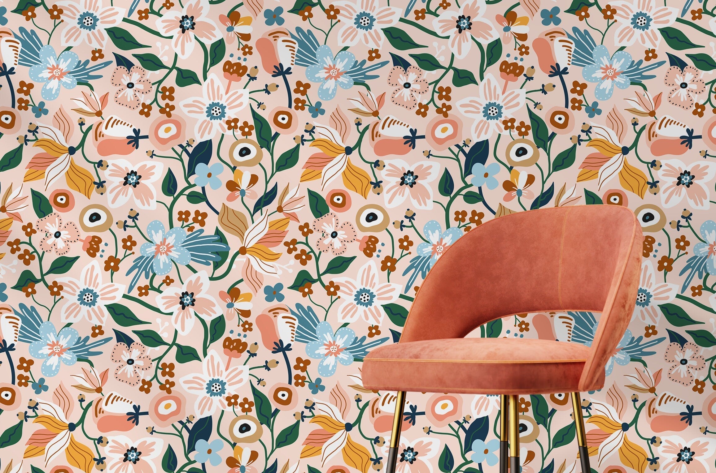 Floral Wallpaper With A Folk Art Garden Motif In Pink, Blue, And Green - D120