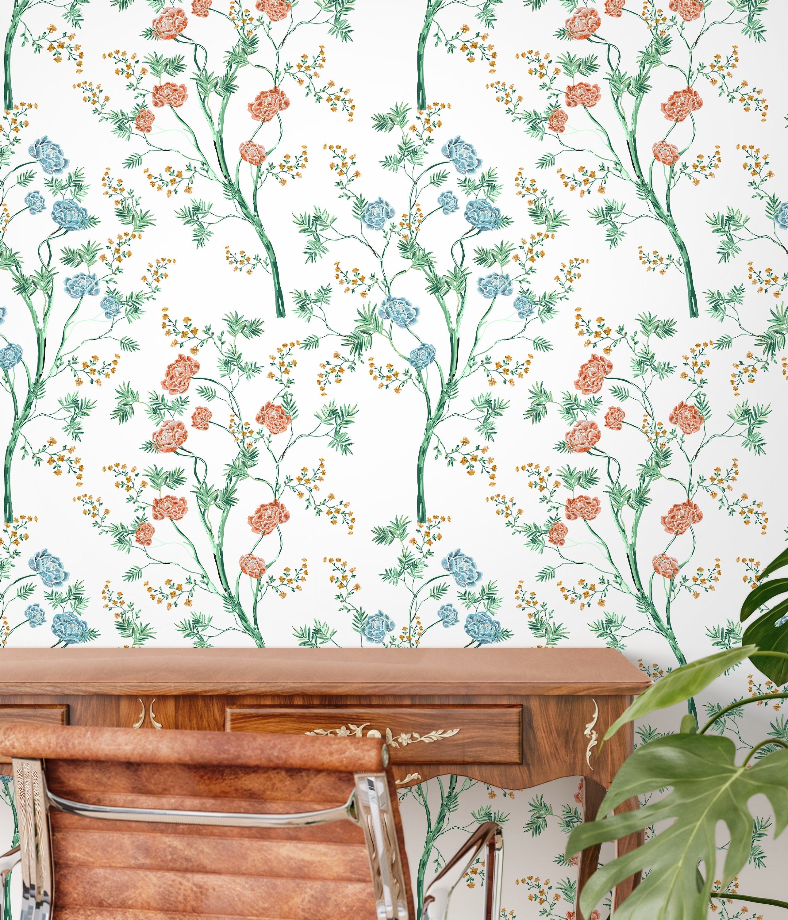 Botanical Wallpaper With Painted Floral Trees In Green, Coral, And Blue - D121