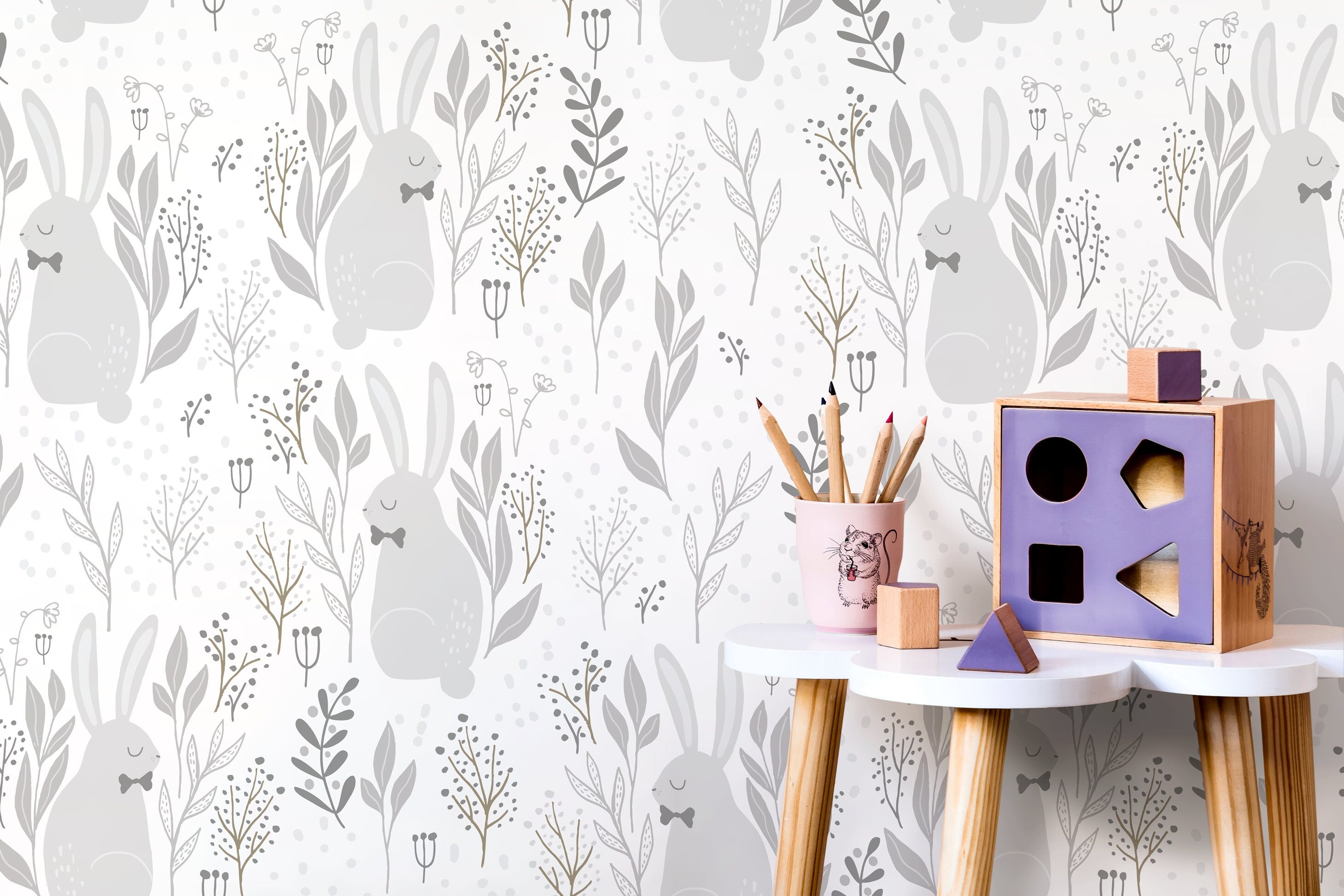 Nursery Wallpaper With A Bunny And Botanical Motif In Gray And Brown - D125