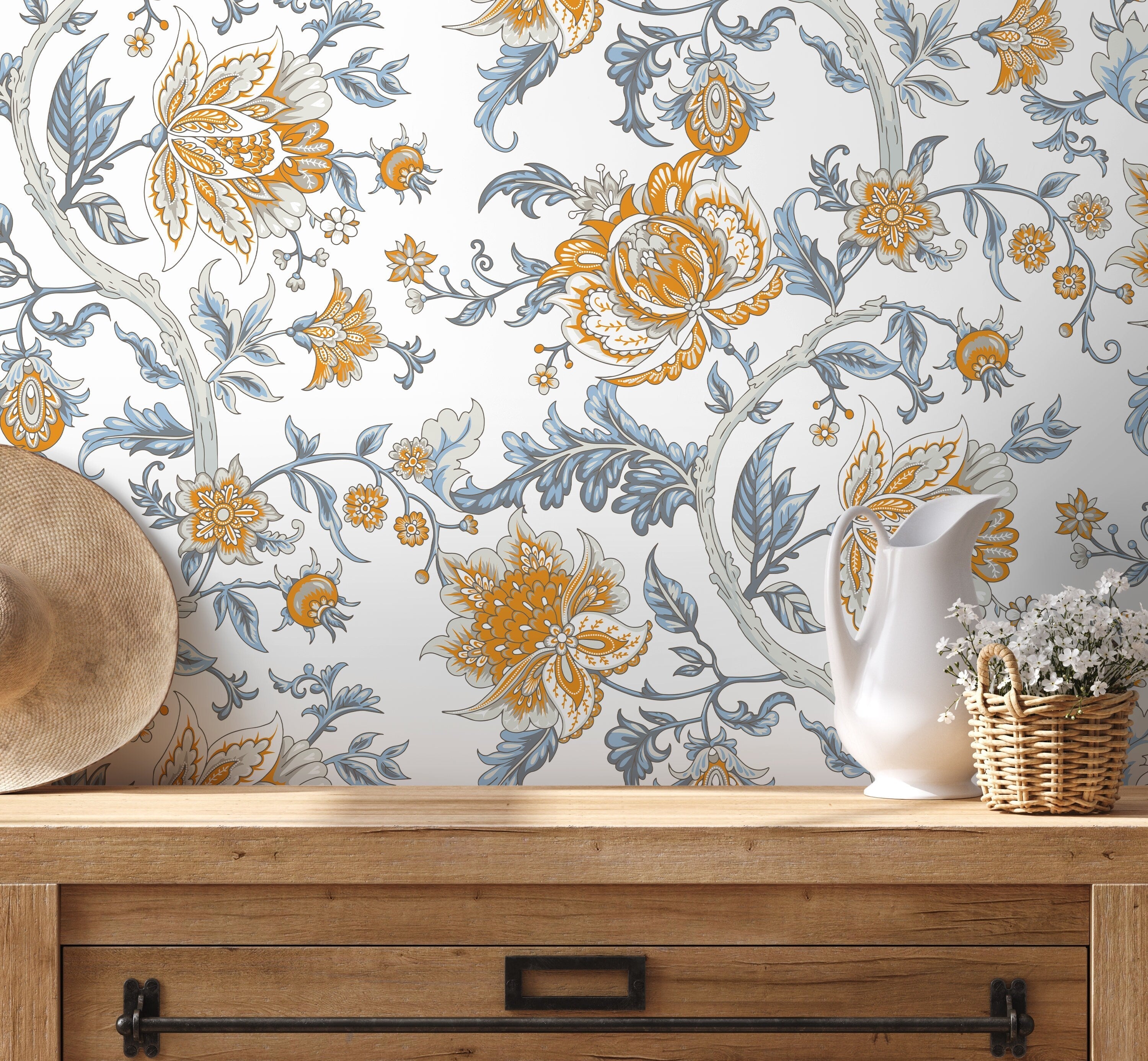 Floral Wallpaper With A Vintage Jacobean Motif In Blue, Yellow, And Grey - D127