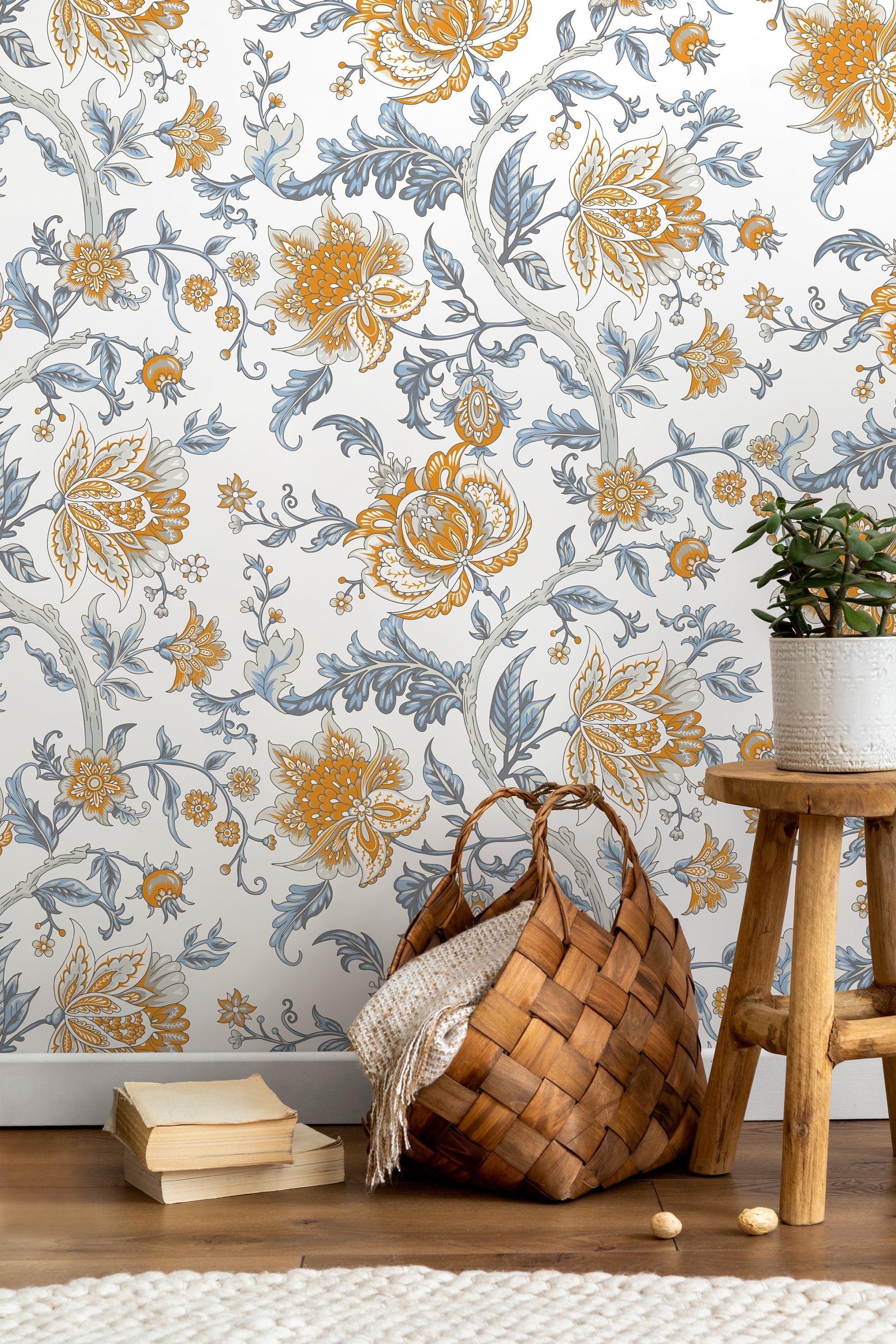 Floral Wallpaper With A Vintage Jacobean Motif In Blue, Yellow, And Grey - D127