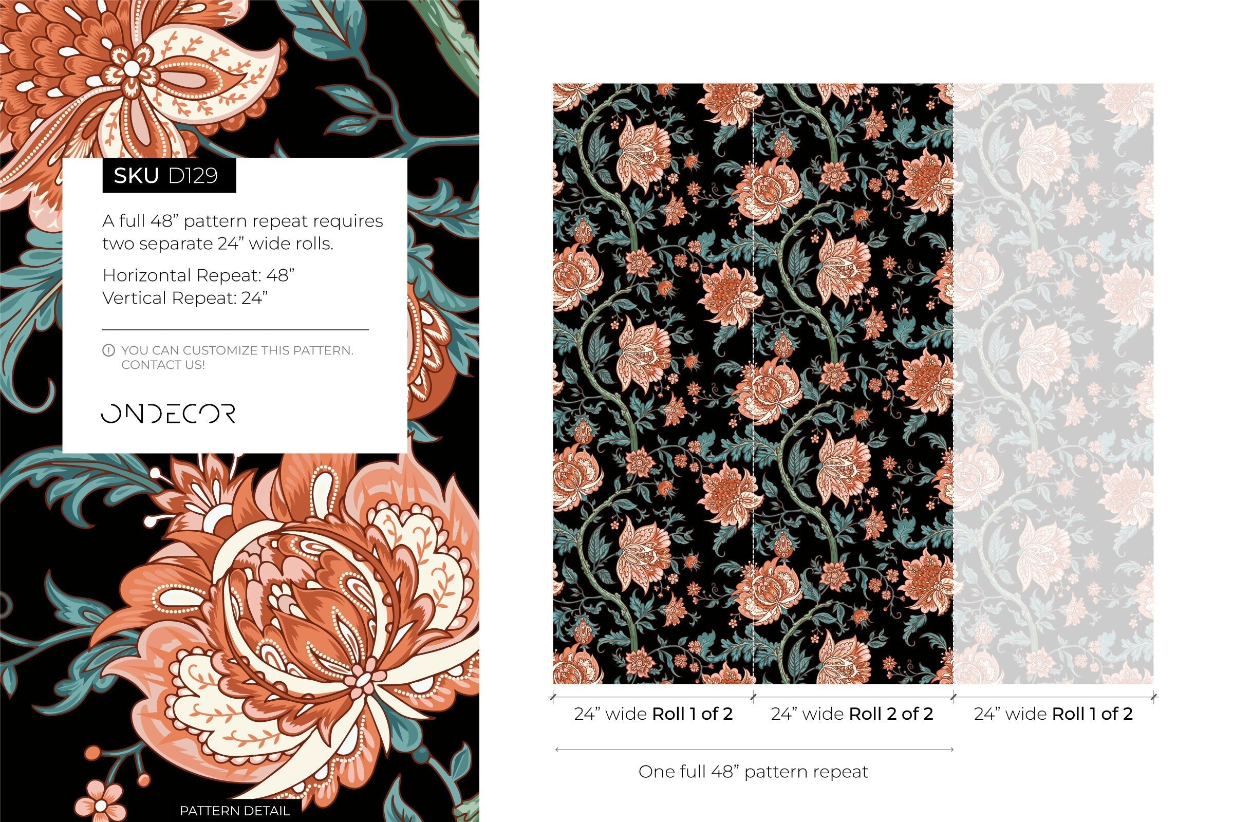 Vintage Floral Wallpaper With Baroque Blooms In Black, Terracotta, And Teal - D129