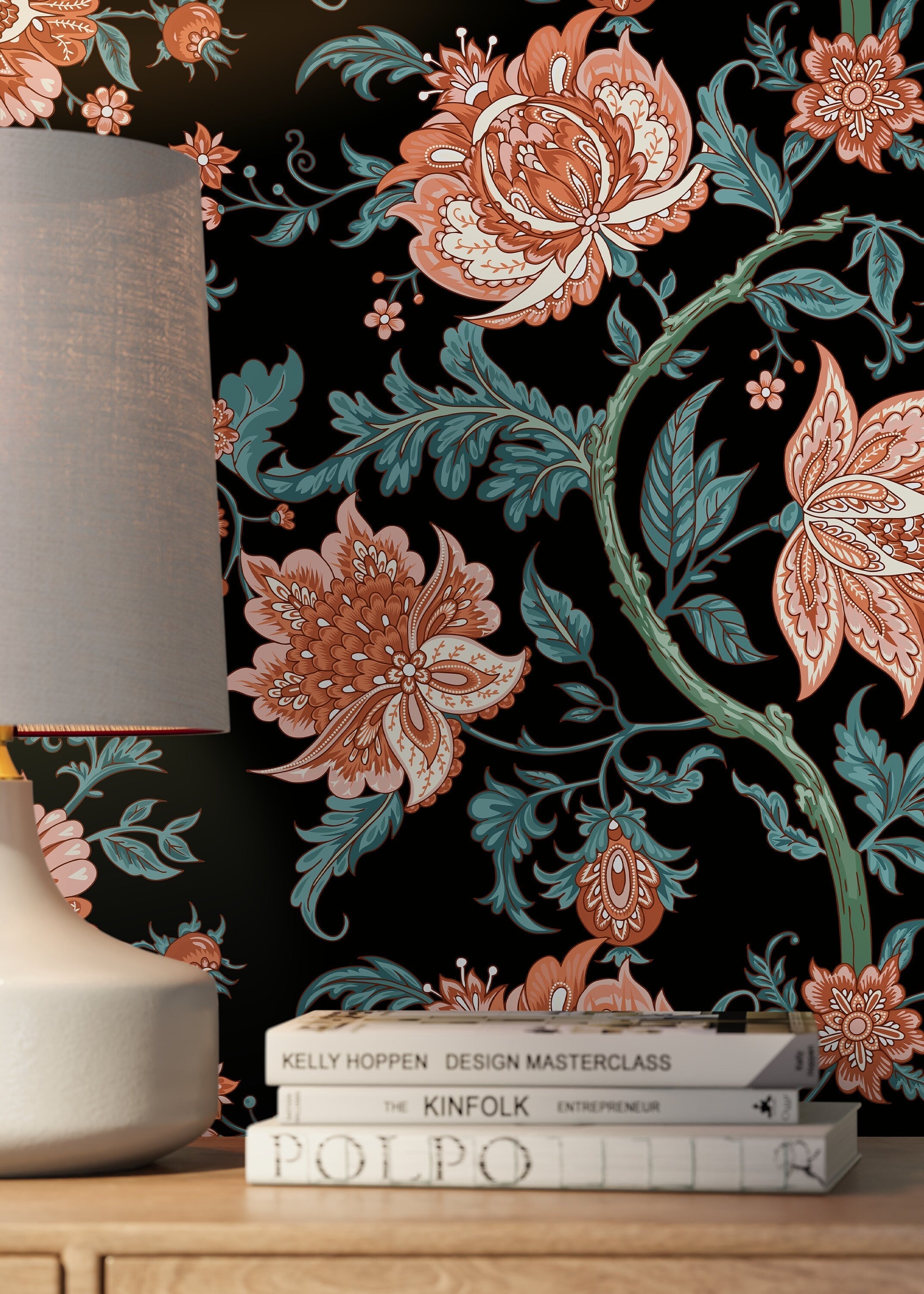 Vintage Floral Wallpaper With Baroque Blooms In Black, Terracotta, And Teal - D129