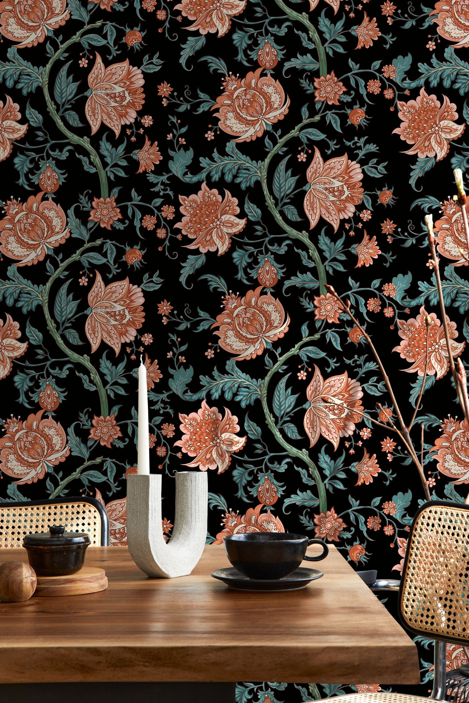 Vintage Floral Wallpaper With Baroque Blooms In Black, Terracotta, And Teal - D129