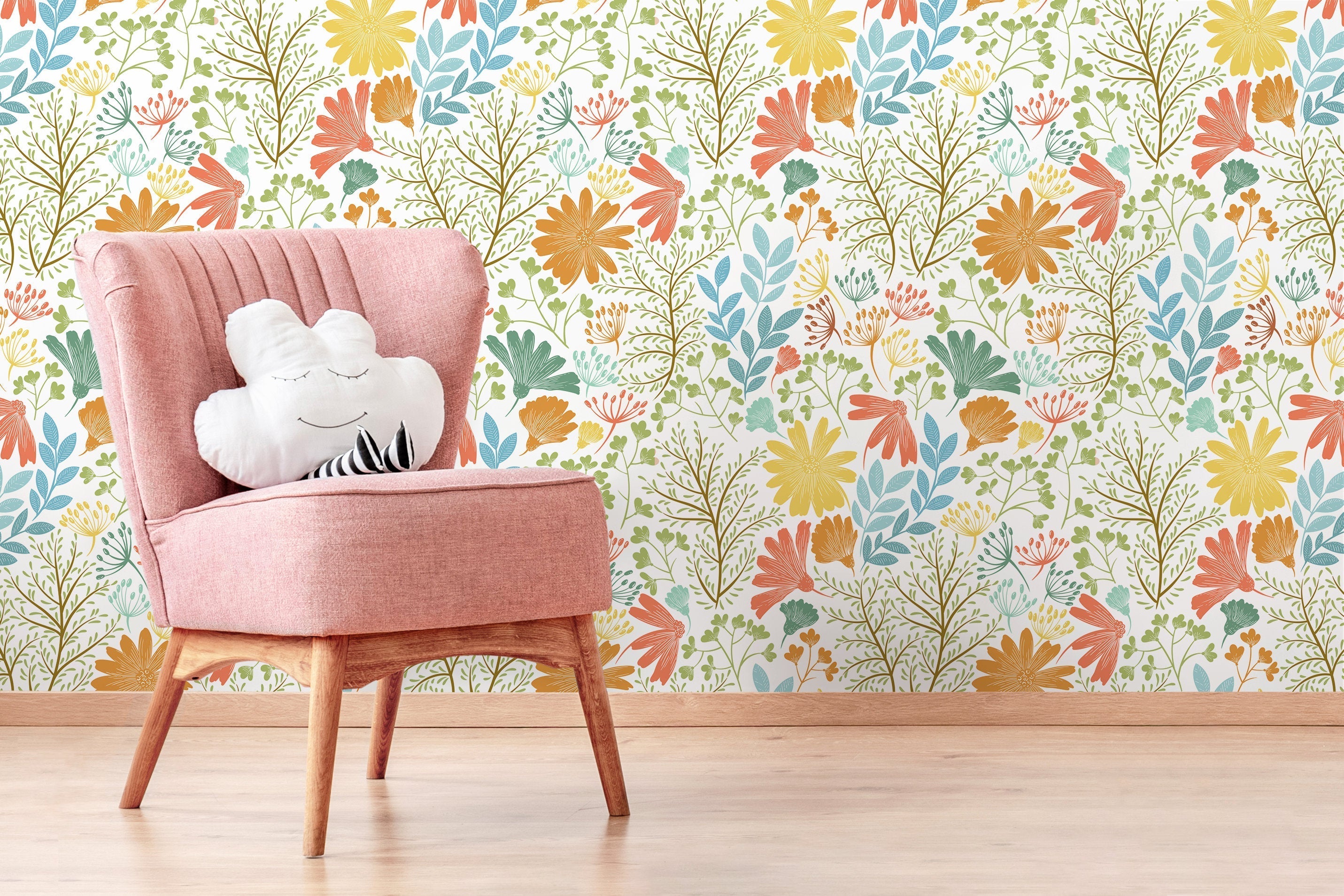 Floral Wallpaper Featuring Stylized Wildflowers In Orange, Yellow, And Blue - D132