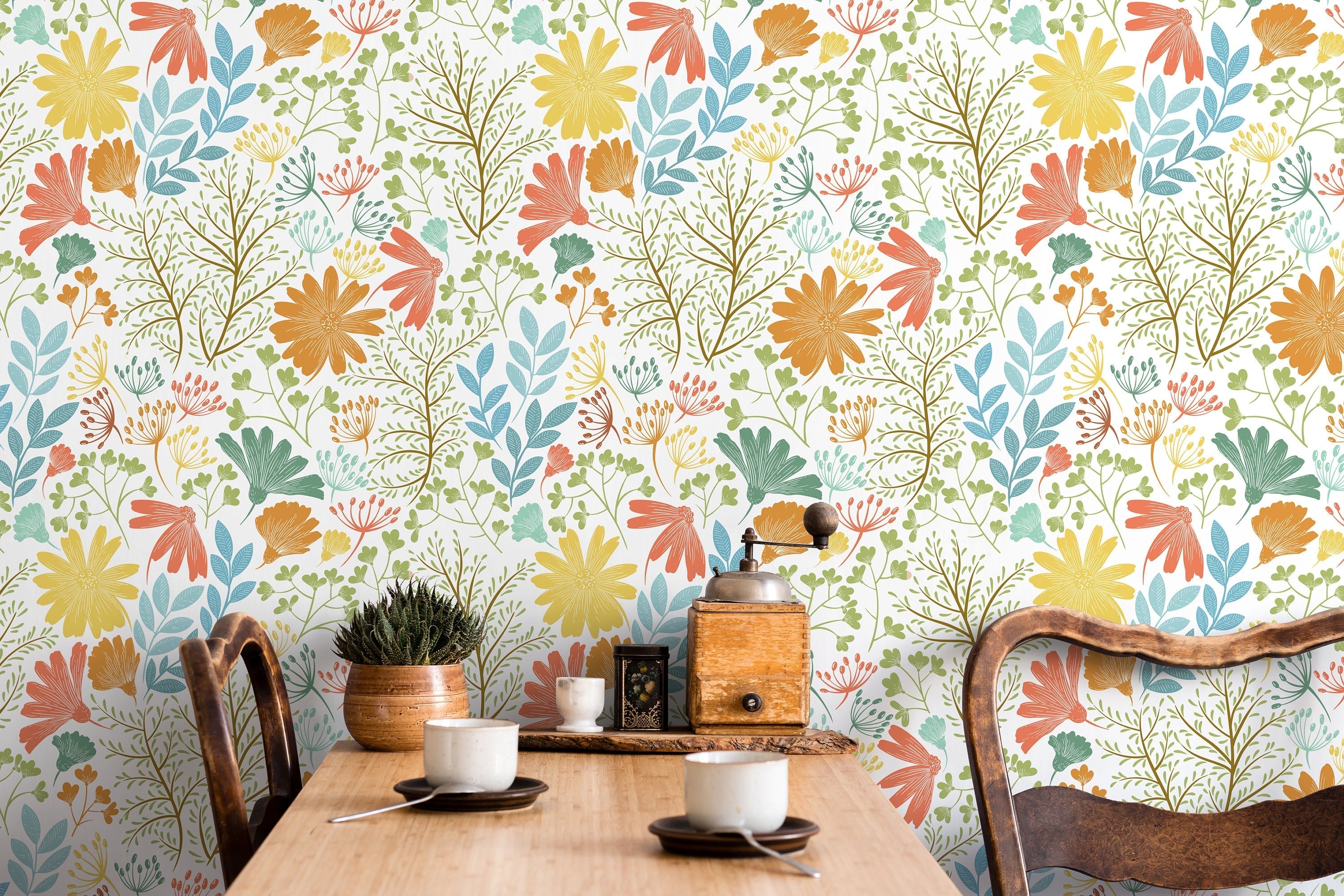 Floral Wallpaper Featuring Stylized Wildflowers In Orange, Yellow, And Blue - D132