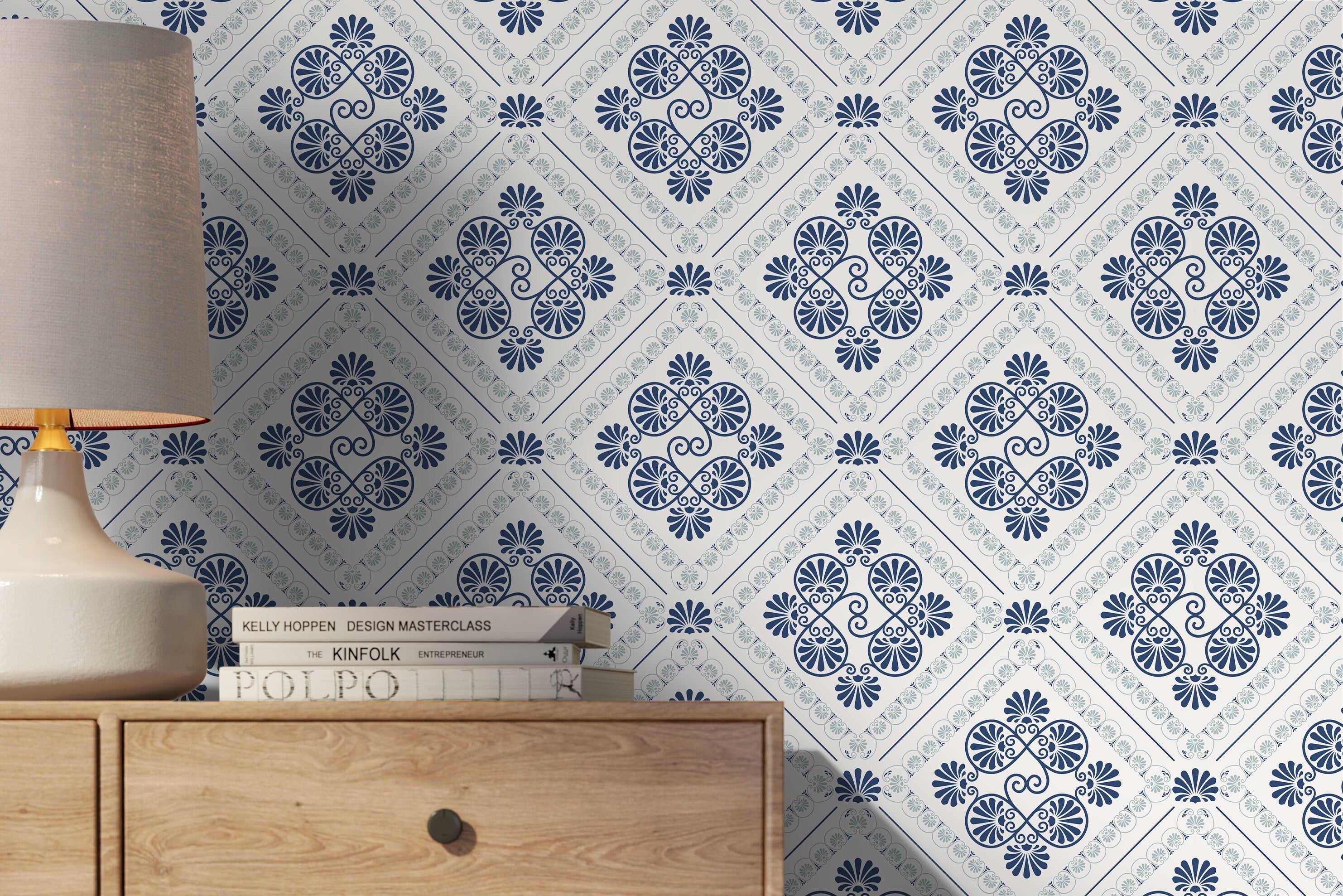 Tile Wallpaper With A Mediterranean Motif In Blue And Gray - D136