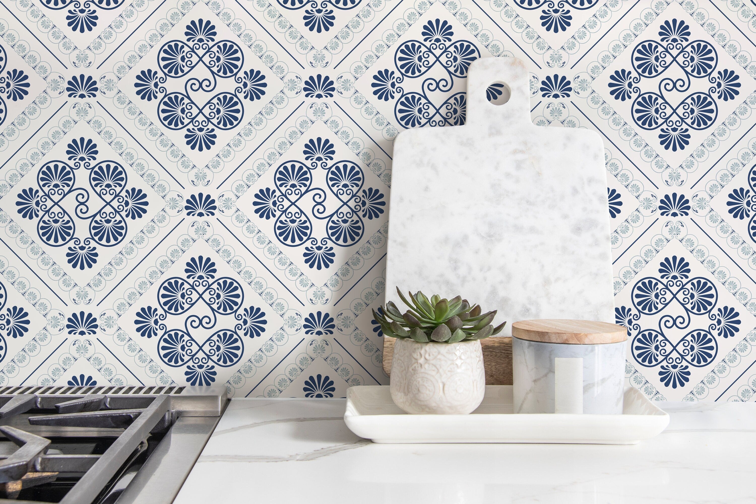 Tile Wallpaper With A Mediterranean Motif In Blue And Gray - D136