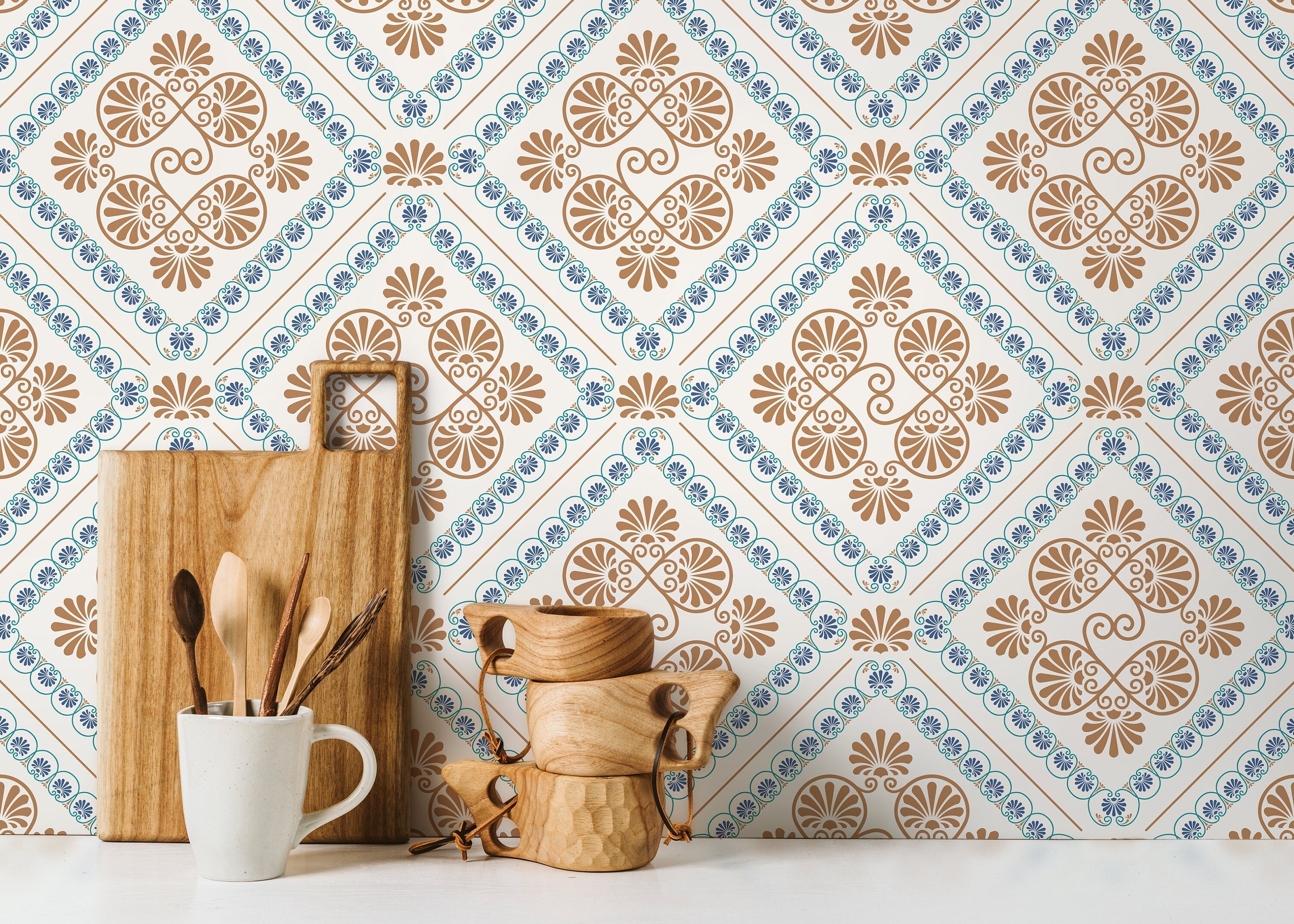 Retro Tile Wallpaper With A Spanish Azulejo Motif In Blue And Beige - D138