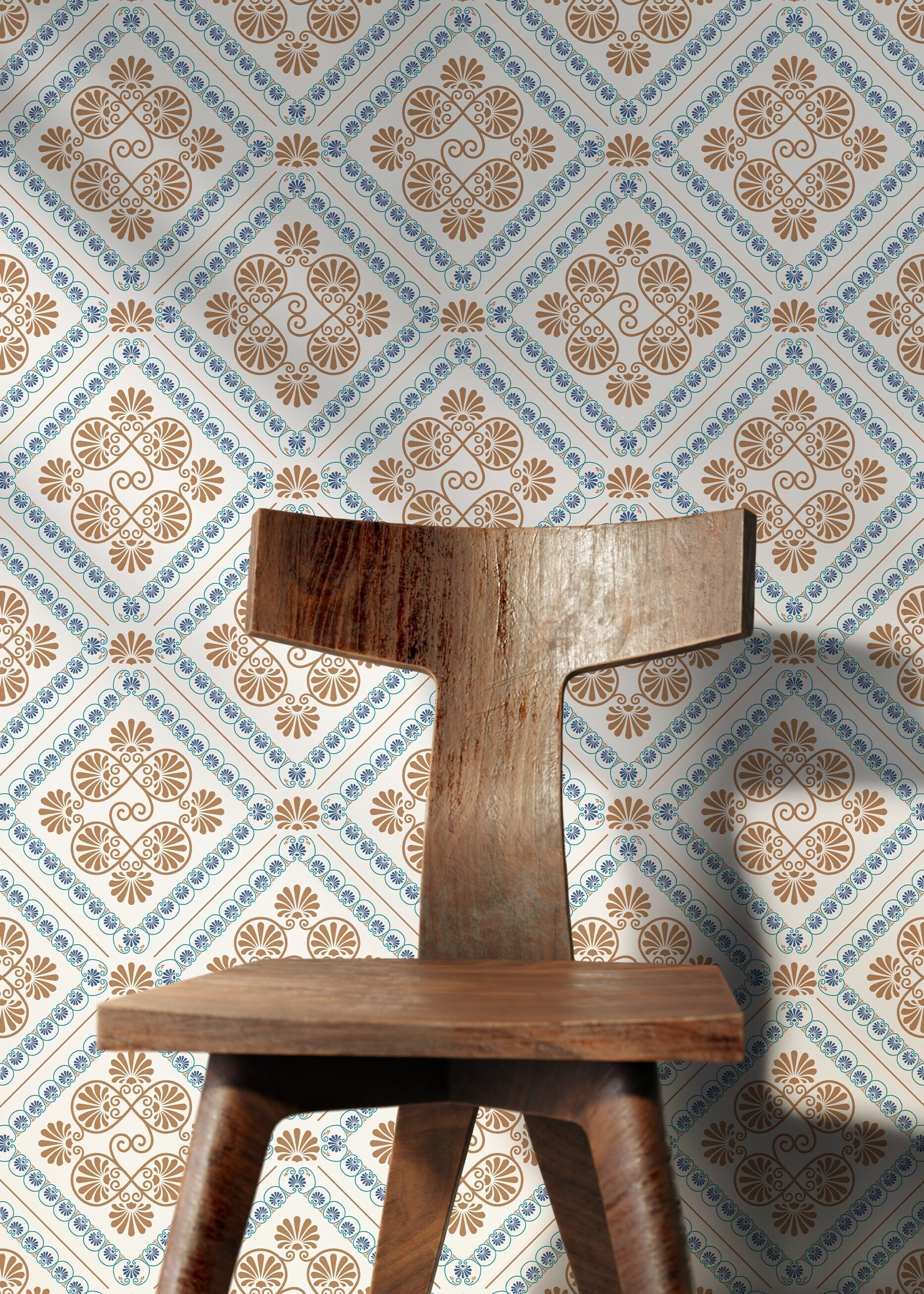 Retro Tile Wallpaper With A Spanish Azulejo Motif In Blue And Beige - D138