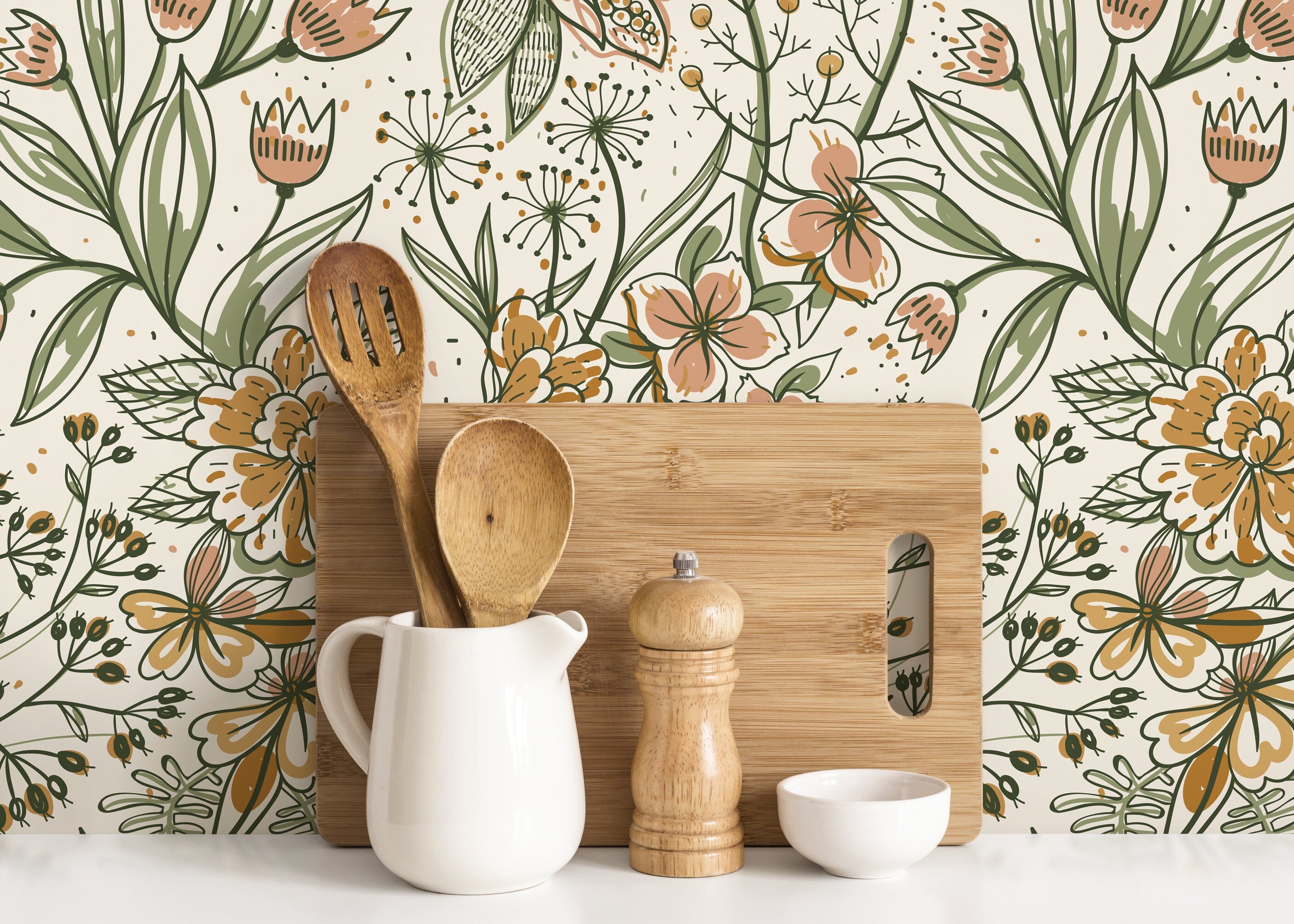 Botanical Wallpaper With Hand-drawn Florals In Green, Pink, And Ochre - D139