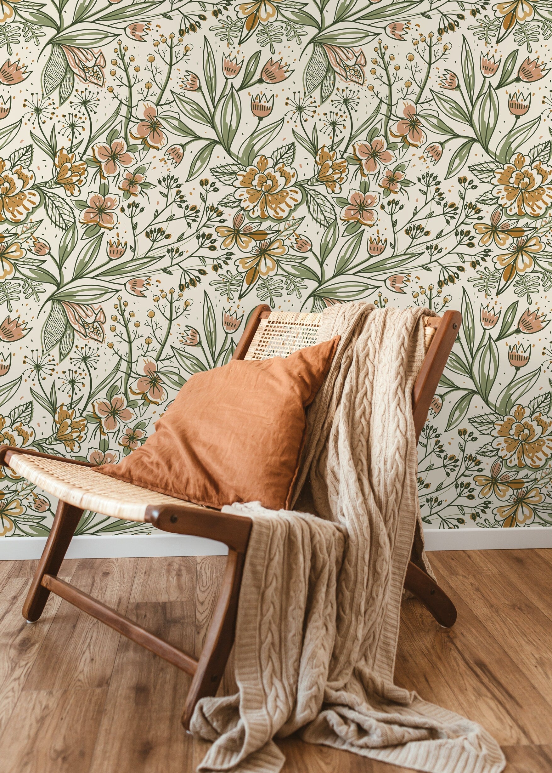 Botanical Wallpaper With Hand-drawn Florals In Green, Pink, And Ochre - D139