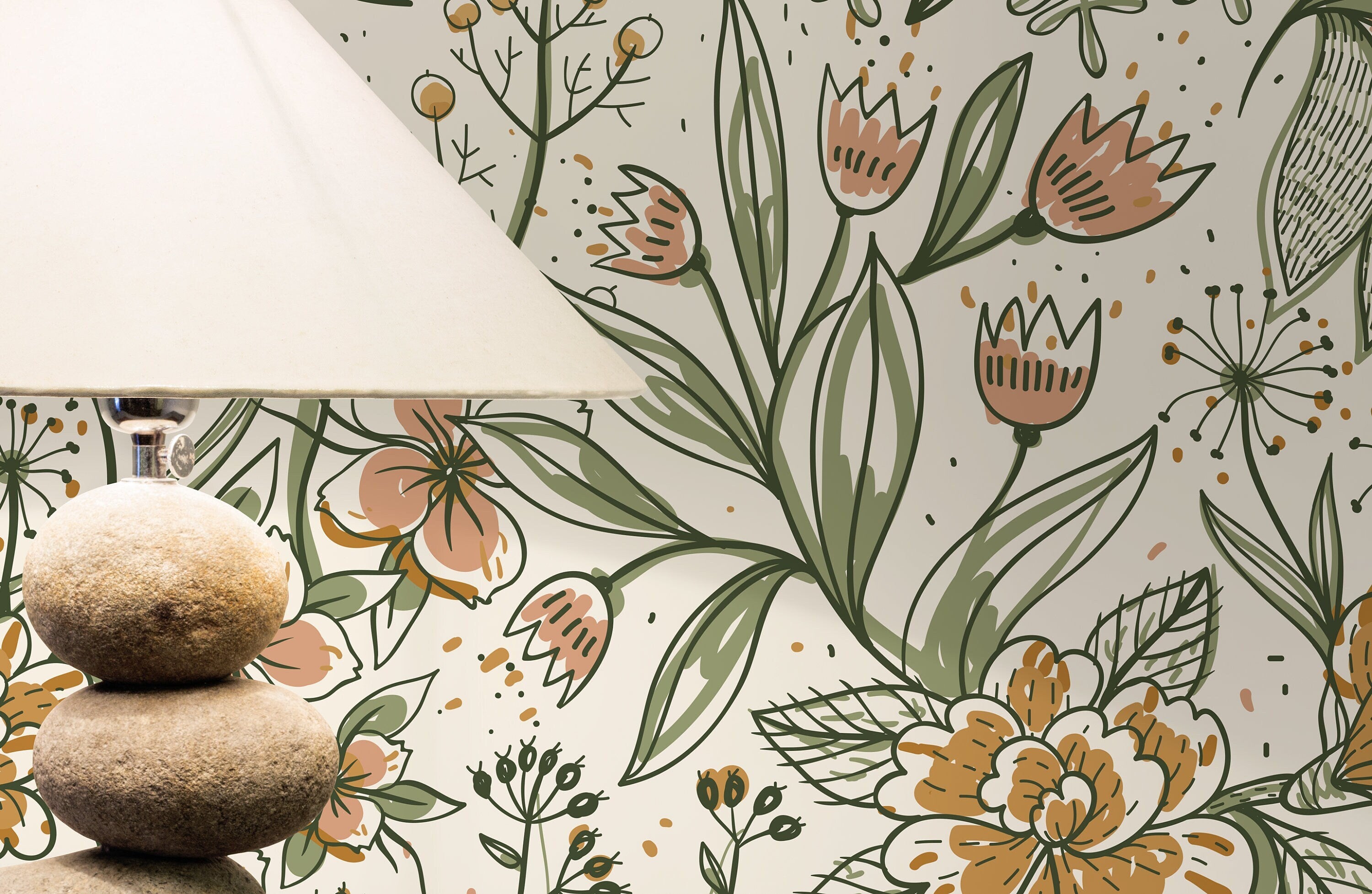 Botanical Wallpaper With Hand-drawn Florals In Green, Pink, And Ochre - D139